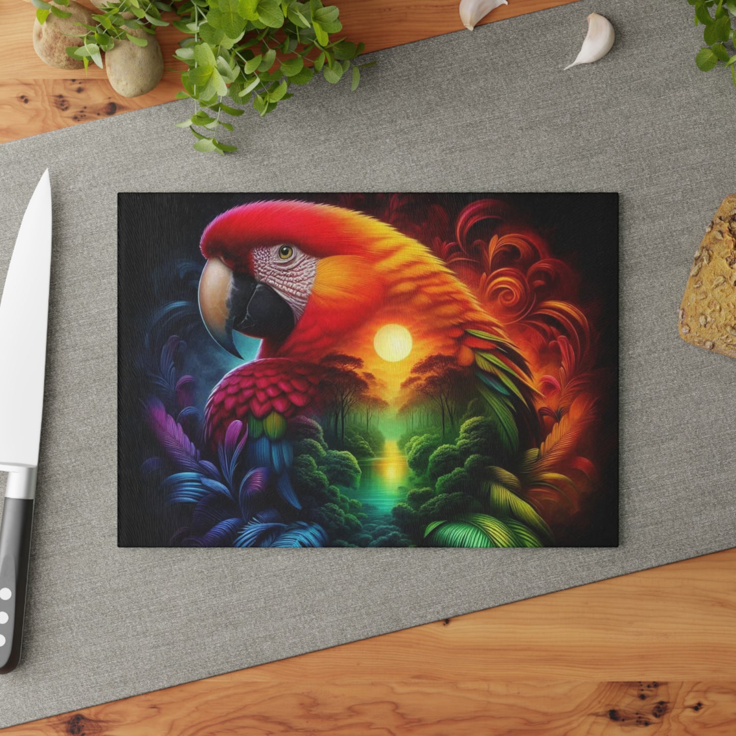 🦜🌈 Tropical Parrot Sunset Cutting Board – Vibrant Color & Warm Jungle Glow for Your Kitchen