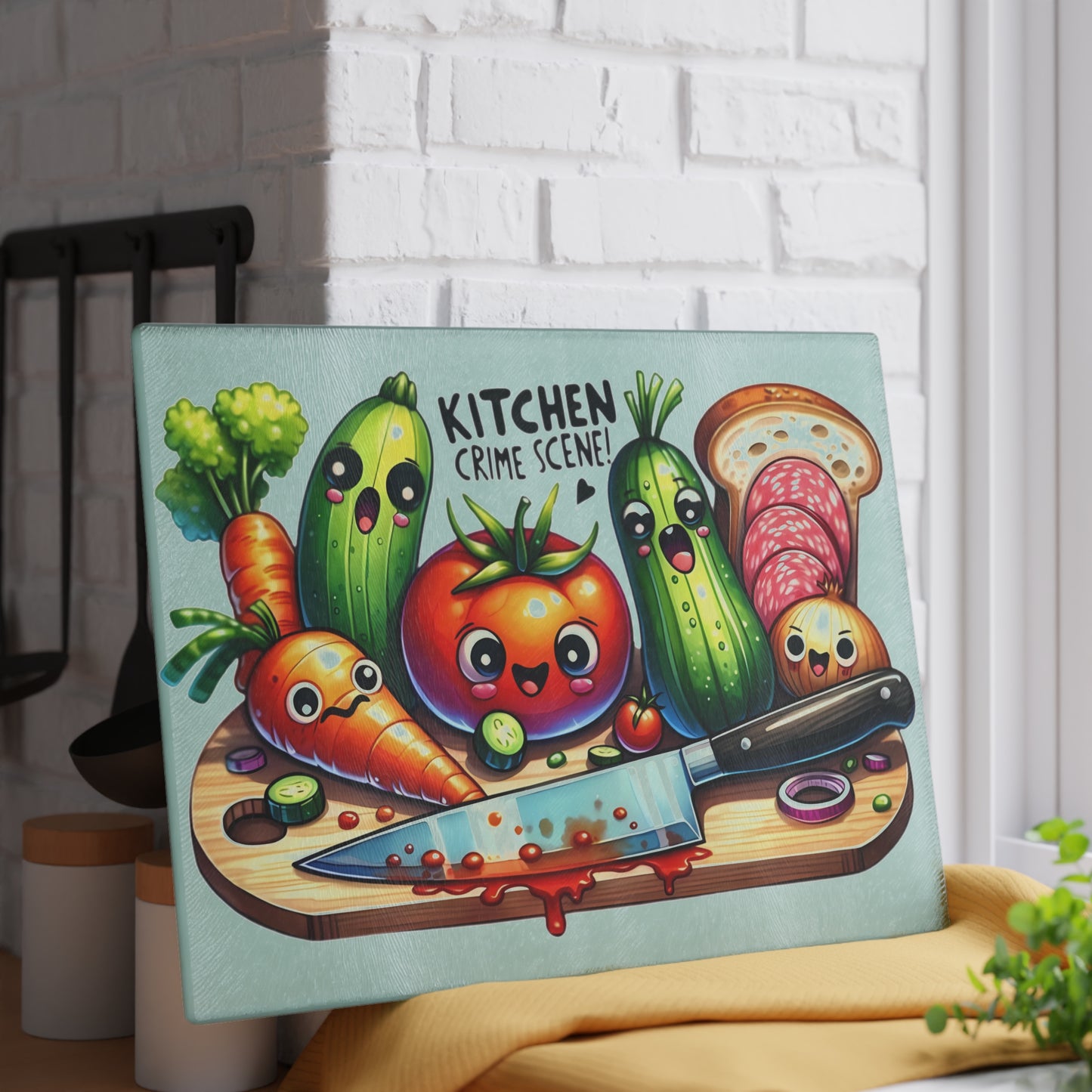 Tabla de cortar de vidrio con temática de escena del crimen en la cocina: verduras, pan y salami que gritan, decoración divertida para la cocina