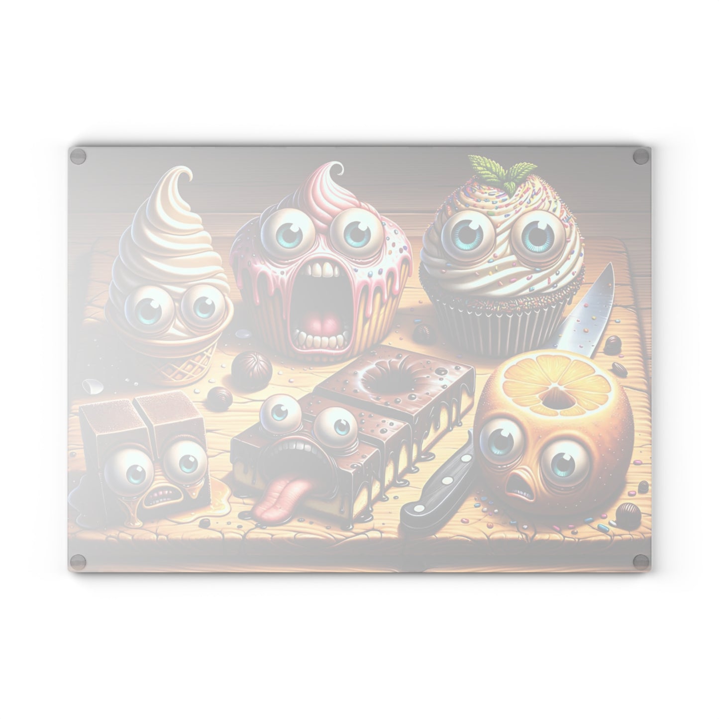 🍰🤣 “Sweet Squad Shenanigans” Glass Cutting Board – Fun Dessert Vibes for Your Kitchen
