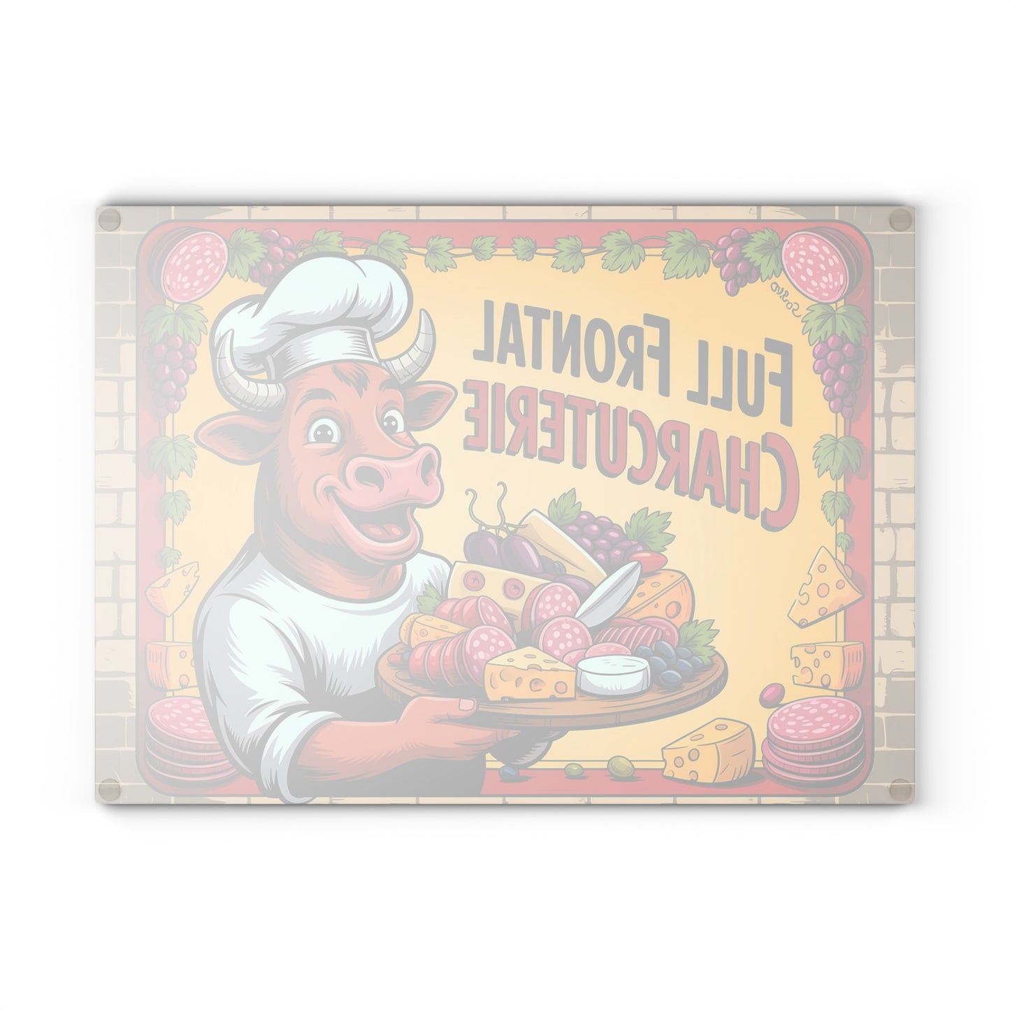 Tabla de cortar charcutería frontal completa: divertida decoración de cocina de Bull Chef para amantes de la carne y el queso