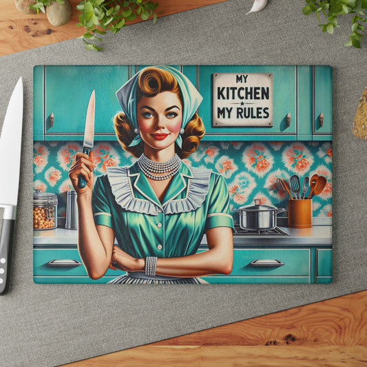 🍒✨ “Retro Kitchen Queen – My Kitchen, My Rules!” Glass Cutting Board – Sassy Vintage Charm