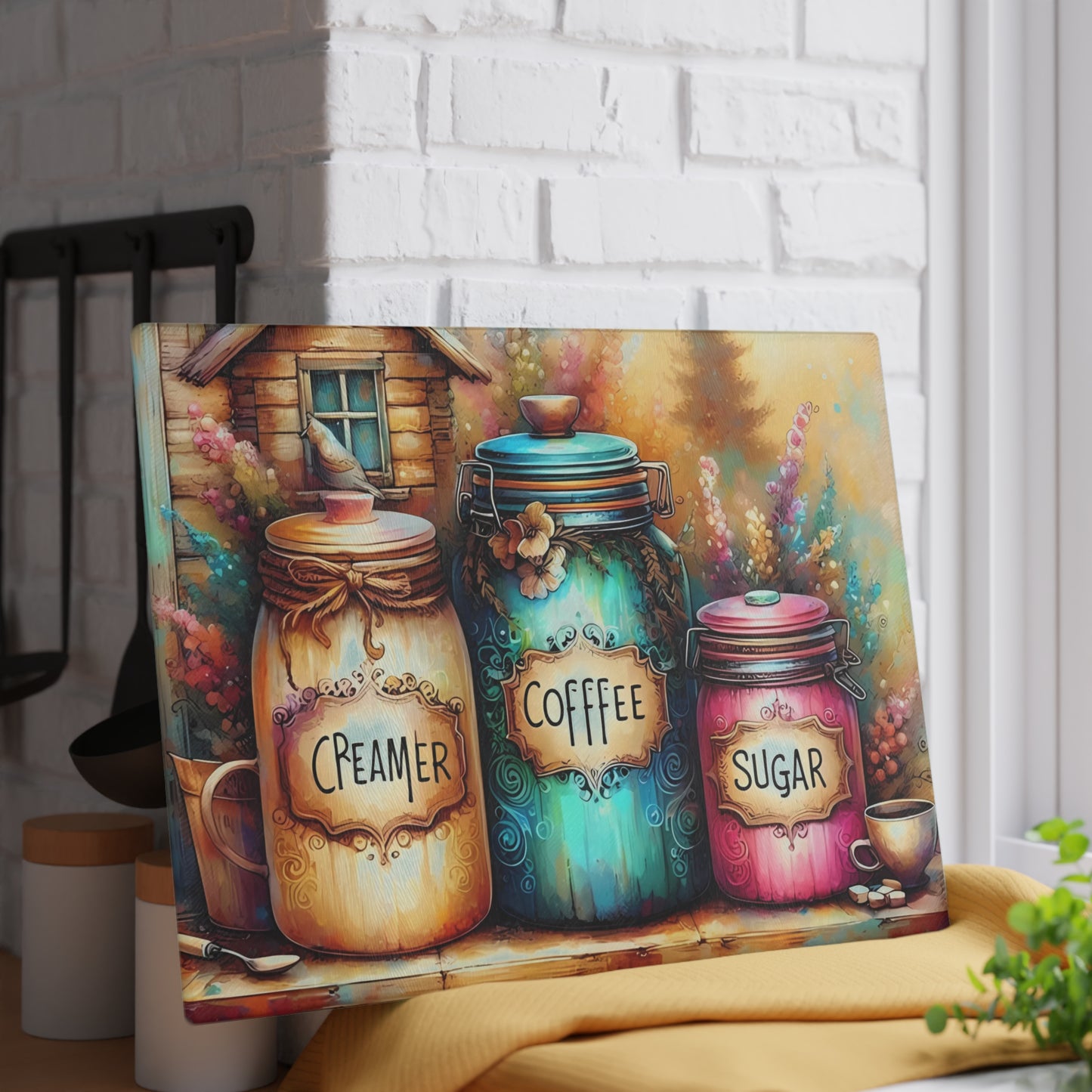 Farmhouse Canister Glass Cutting Board – Coffee, Sugar & Creamer Display