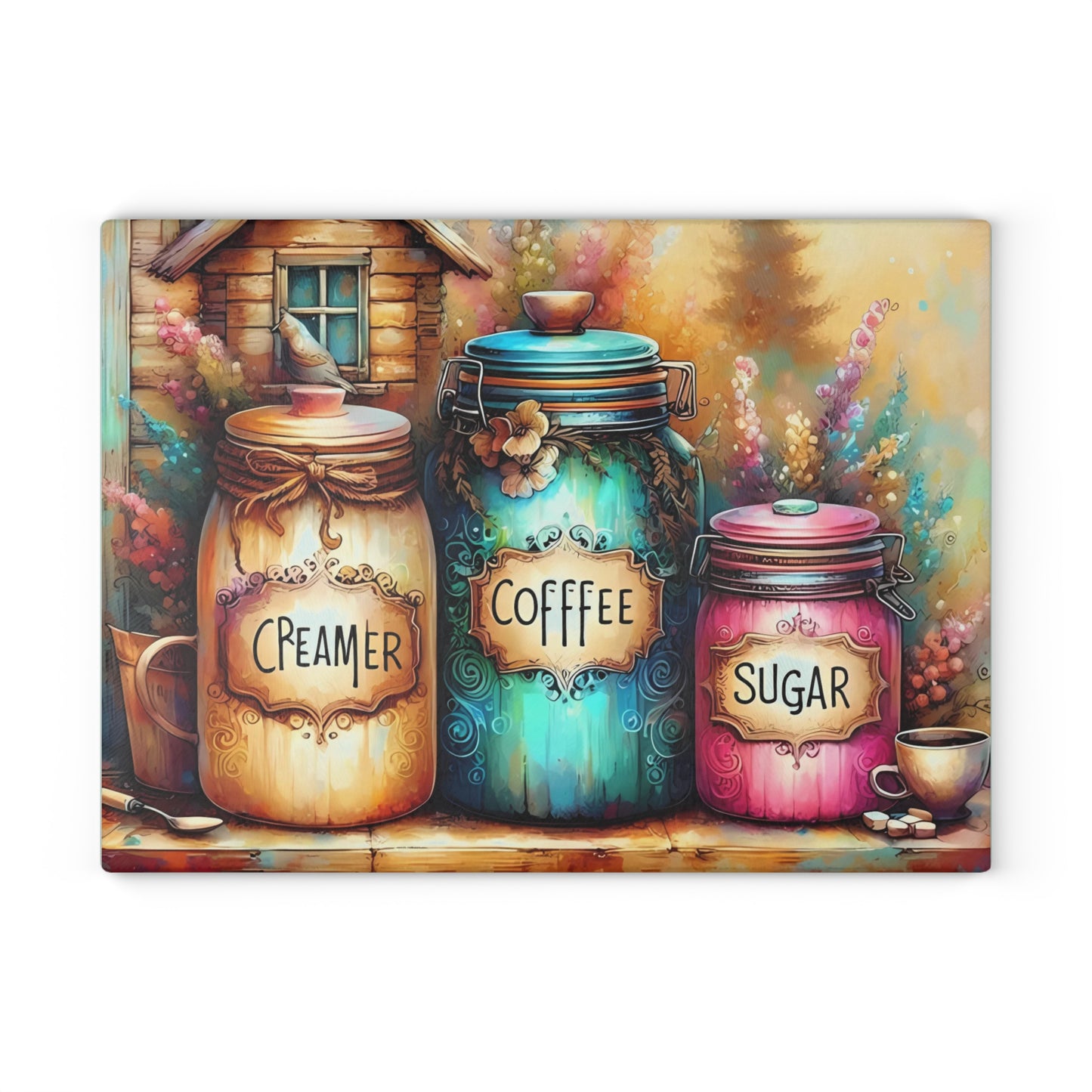 Farmhouse Canister Glass Cutting Board – Coffee, Sugar & Creamer Display