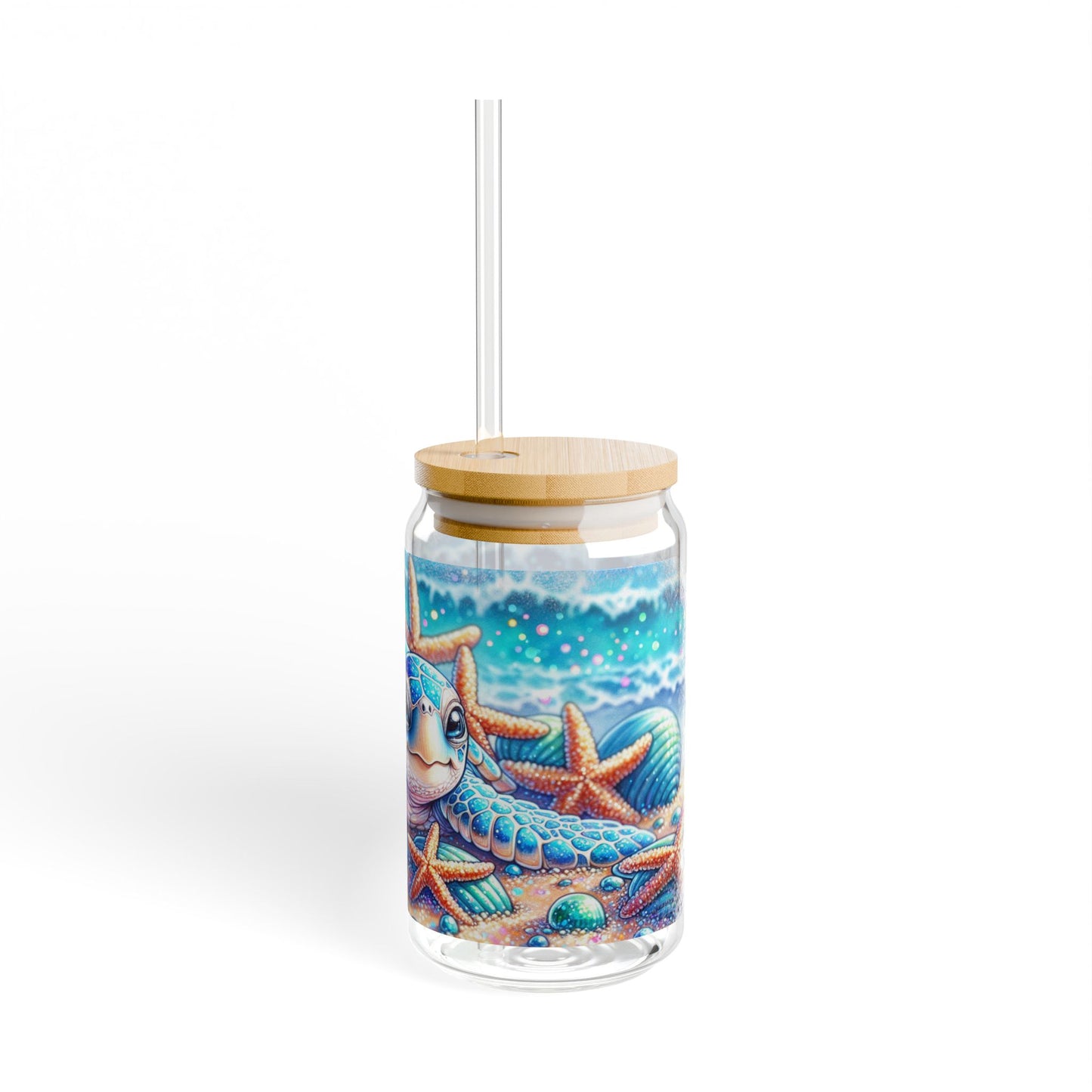 Vaso para sorbos con diseño de tortuga marina con brillo playero: una belleza costera para sorbos de verano.