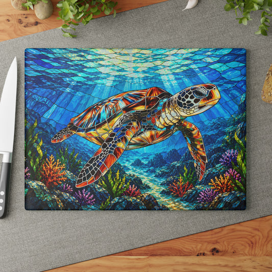 Colorful Sea Turtle Stained-Glass-Inspired Cutting Board – Ocean Turtle, Coral Reef & Coastal Kitchen Décor