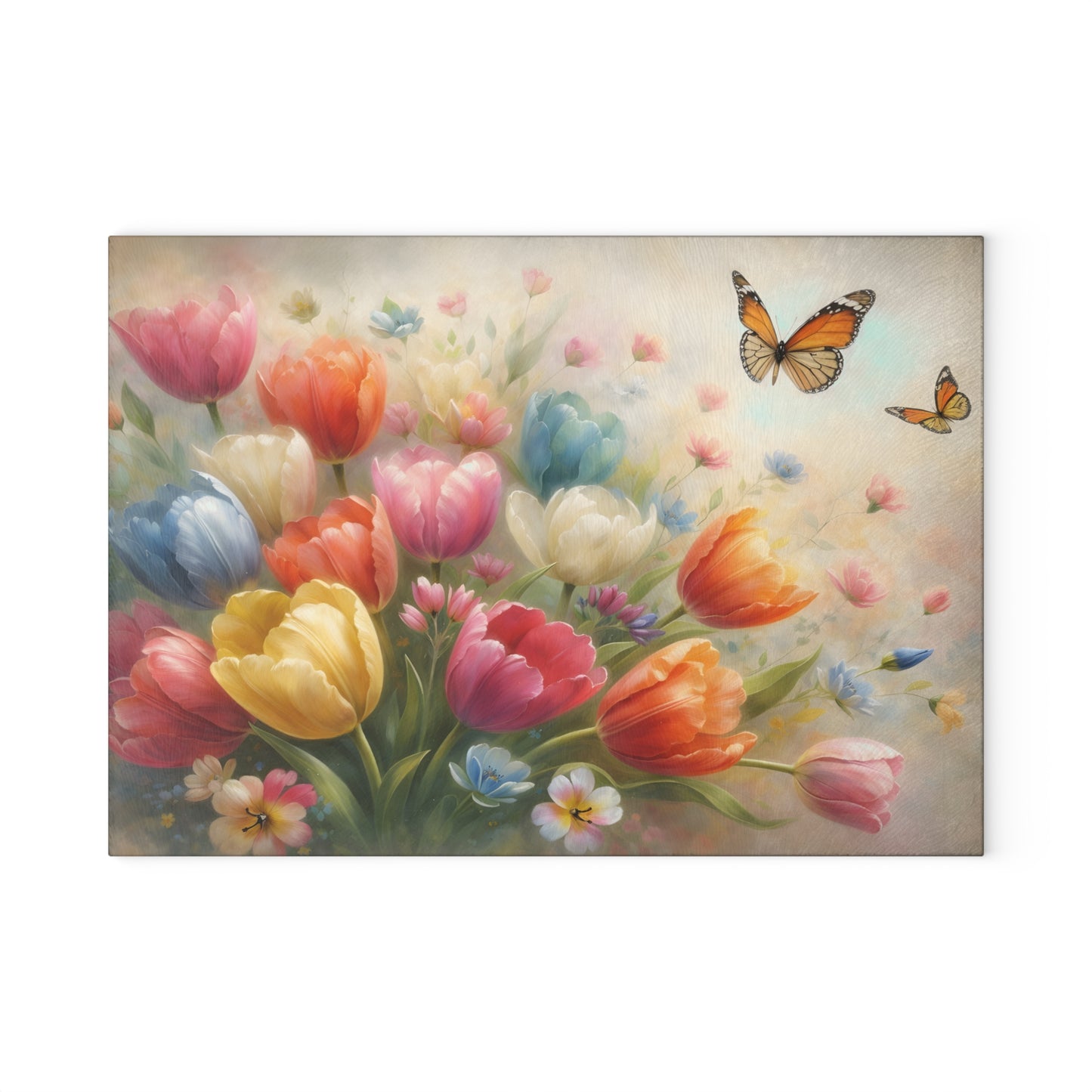 Tulips and Butterflies Glass Cutting Board – Elegant Floral Spring Kitchen Art