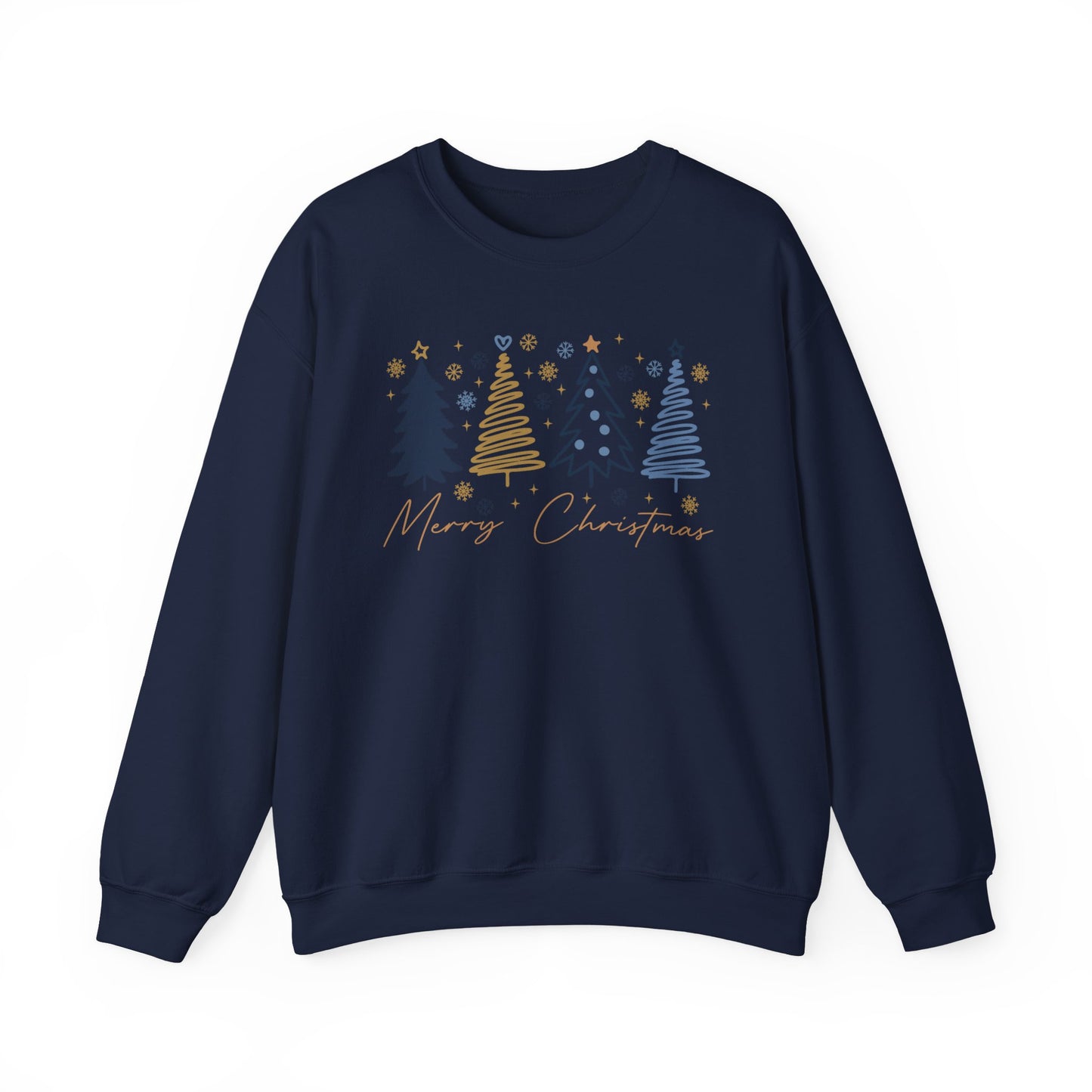 🎄✨ Merry Christmas Sweatshirt – Modern Navy & Gold Holiday Trees ❄️⭐