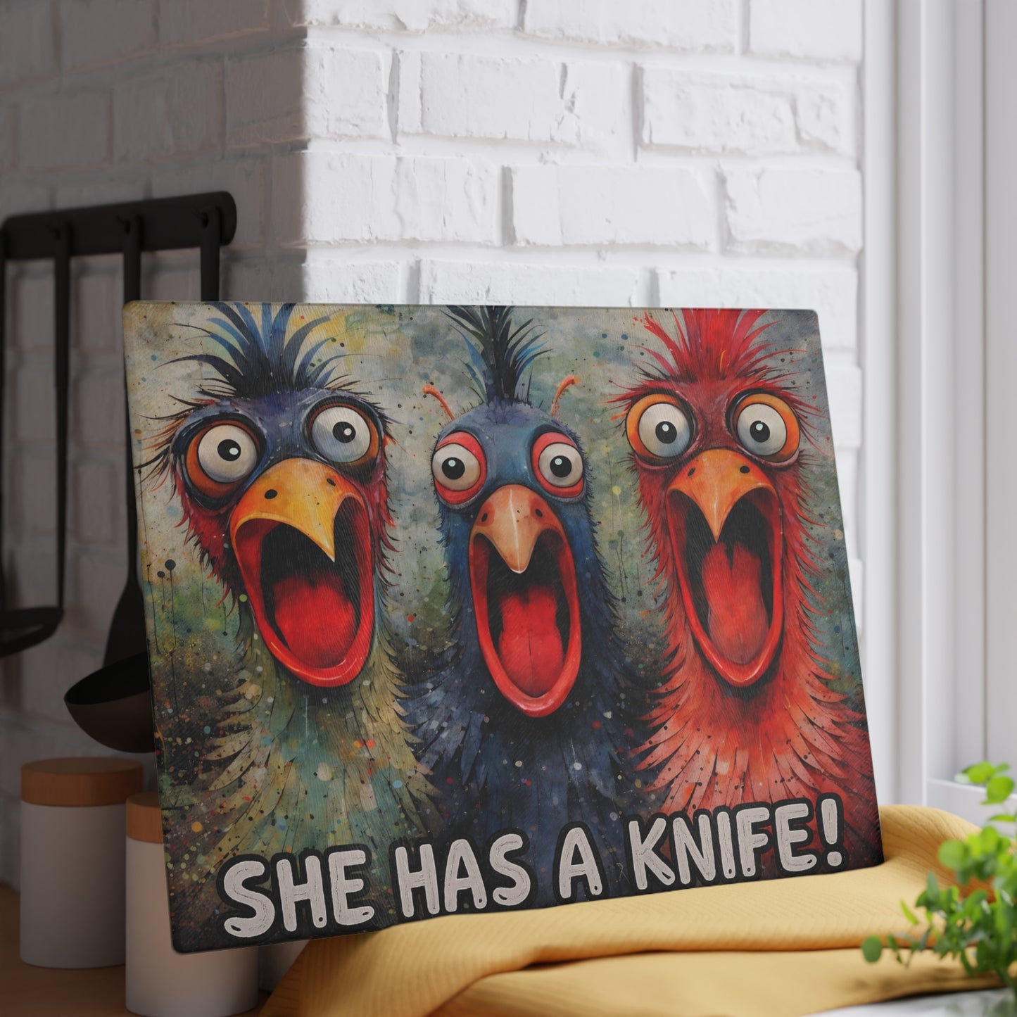 She Has a Knife Glass Cutting Board – Funny Chicken Kitchen Art with Bold Farm Humor