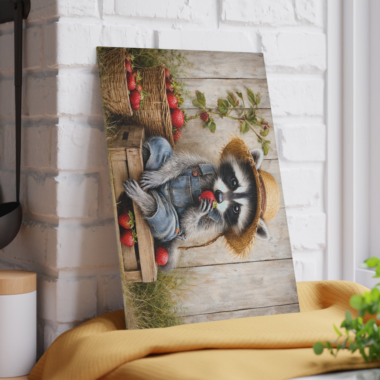 Strawberry Raccoon Farmhouse Glass Cutting Board – Cute Country Kitchen Decor