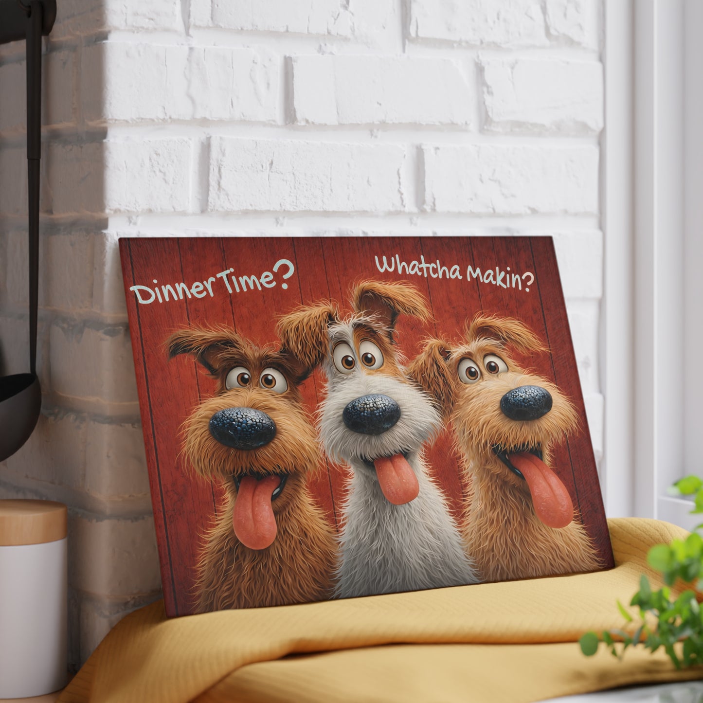 Funny Dog Glass Cutting Board – “Dinner Time? Whatcha Makin?” Playful Kitchen Decor