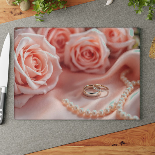 💍 Elegant Wedding Rings Cutting Board – Romance, Roses & Timeless Charm