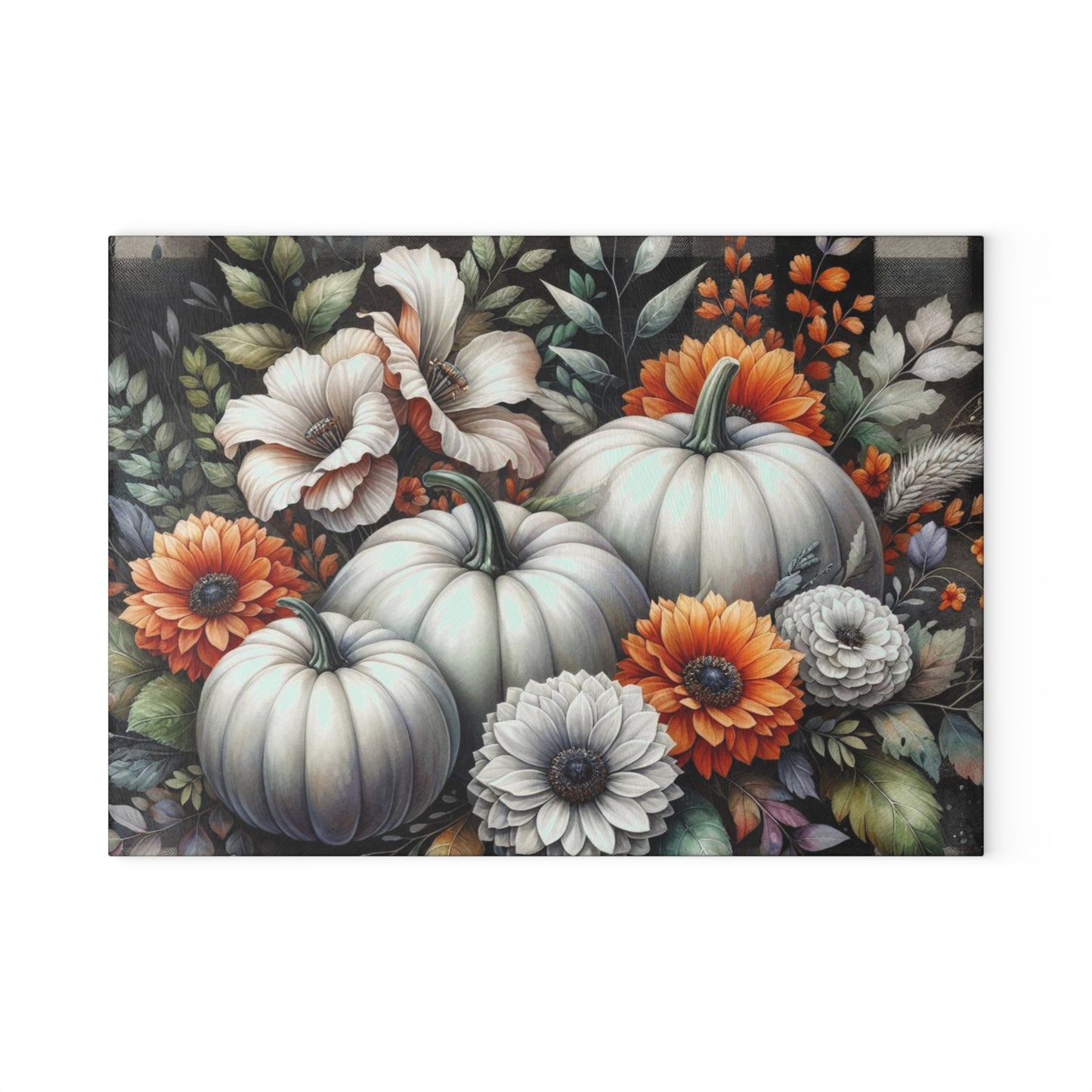 🎃 White Pumpkin & Floral Cutting Board – Rustic Elegance Meets Autumn Charm