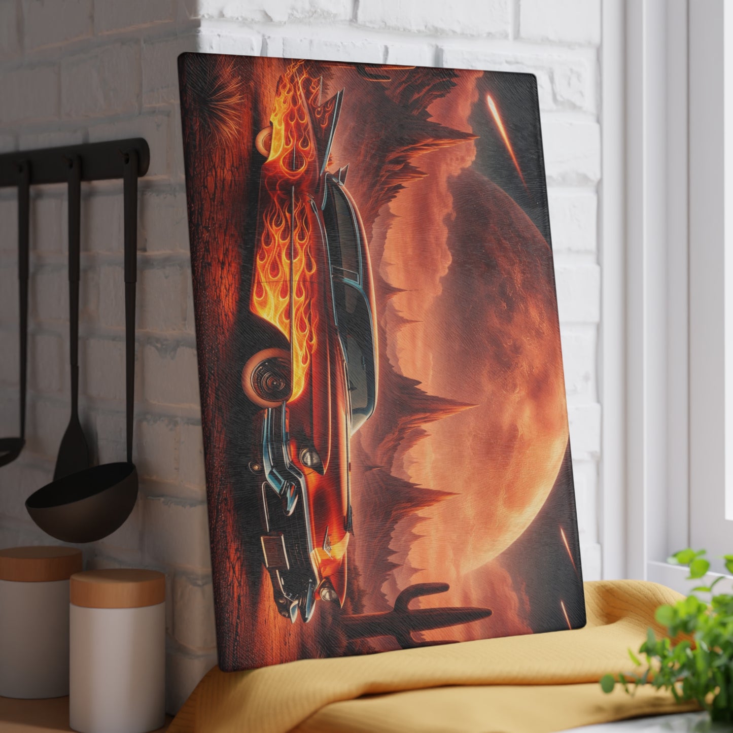Inferno Desert Drive Glass Cutting Board – Flaming Classic Car Under Cosmic Desert Moon