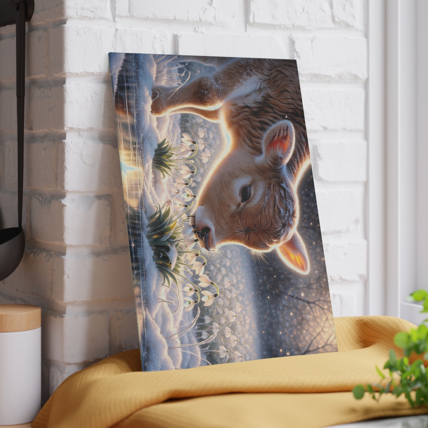 Frosted Meadow Calf Glass Cutting Board – Whimsical Winter Farm Art