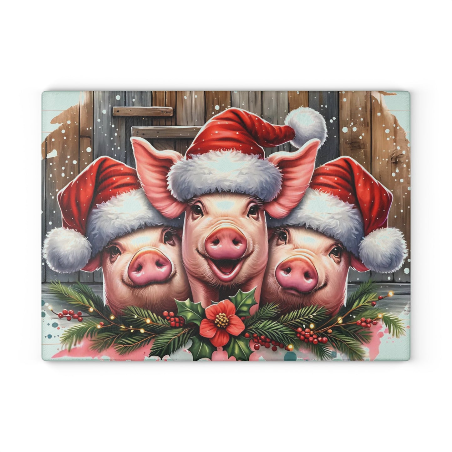🐷🎄 “Santa Hat Pig Trio” Glass Cutting Board – Cozy Charm for Your Kitchen