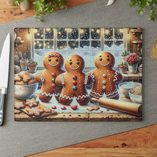 🍪❄️ “Gingerbread Bake Squad” Glass Cutting Board – Cozy Holiday Cheer for Your Kitchen