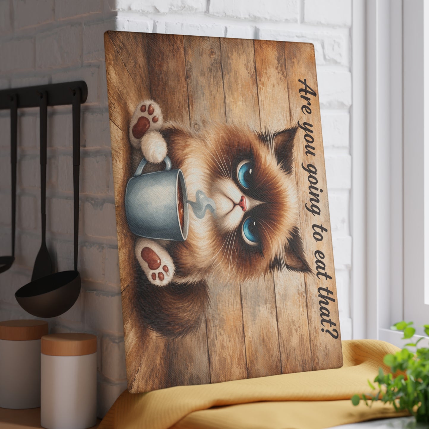 Funny Moody Kitty Glass Cutting Board – Rustic Farmhouse Cat Kitchen Décor