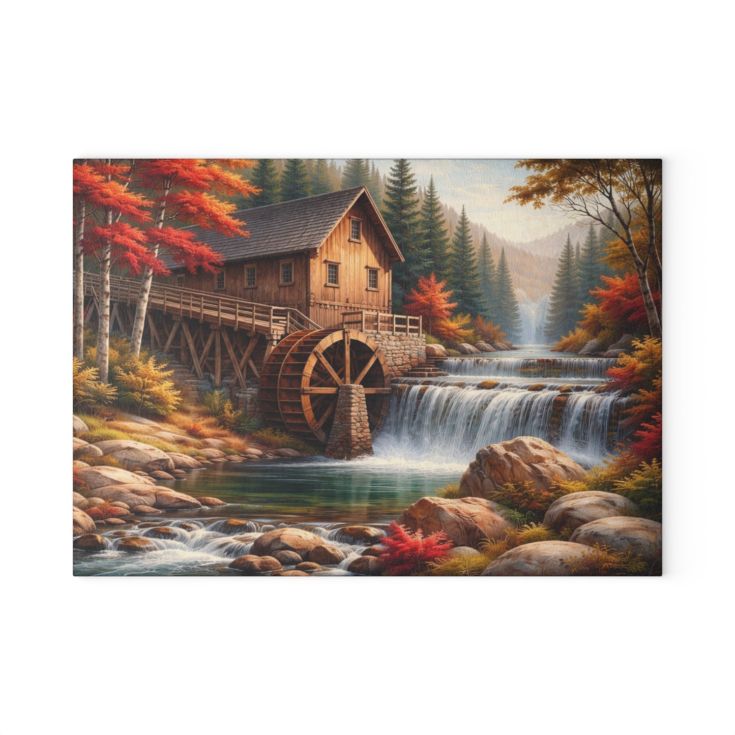 Autumn Watermill Landscape Glass Cutting Board – Rustic Mill and Waterfall Kitchen Art