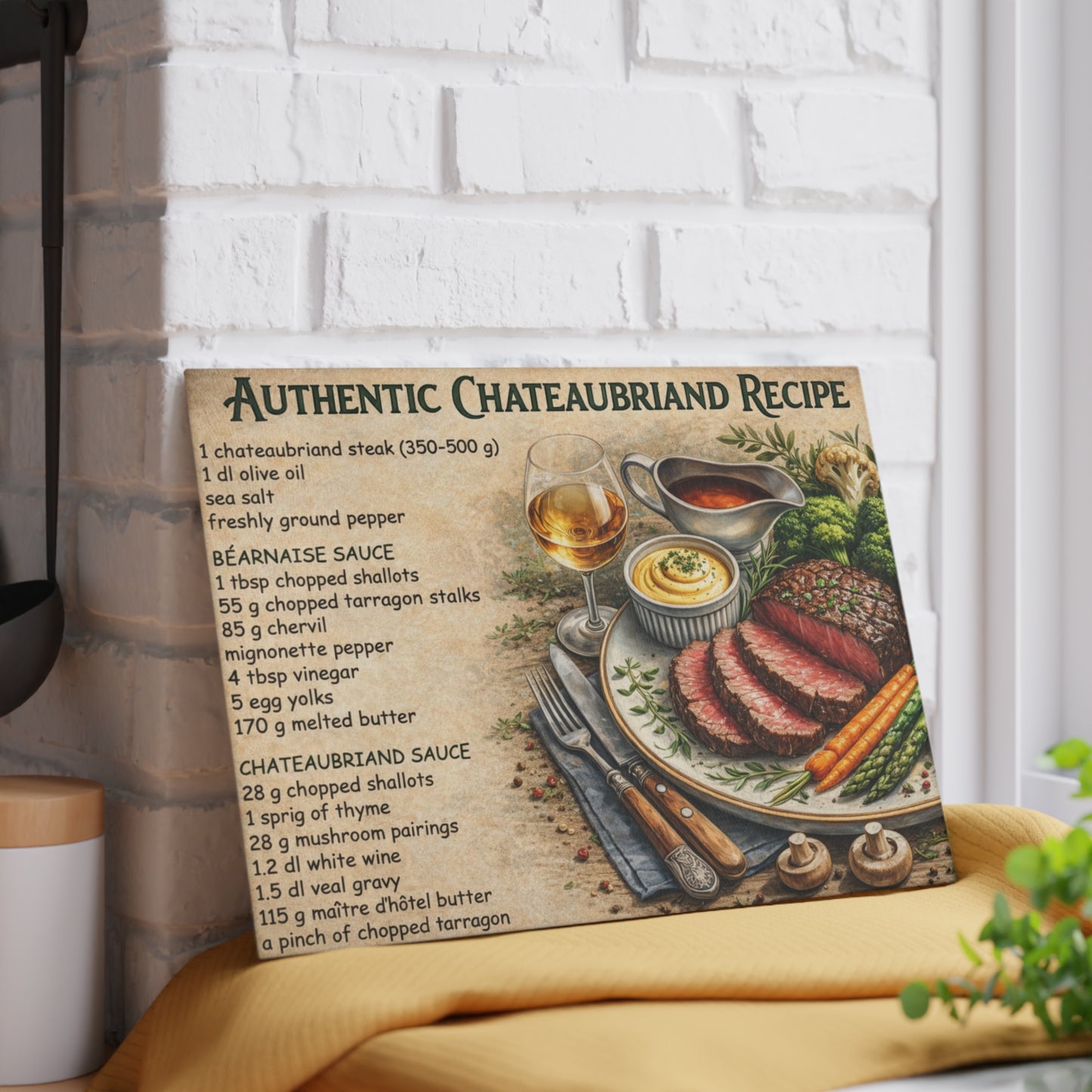 Authentic Chateaubriand Recipe Glass Cutting Board – Classic French Steak Kitchen Art