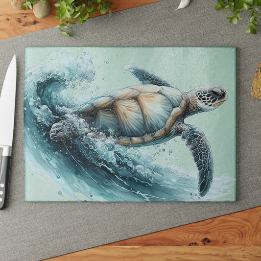 Tabla de cortar Ocean Rider con diseño de tortuga marina: elegancia costera y serena para tu cocina