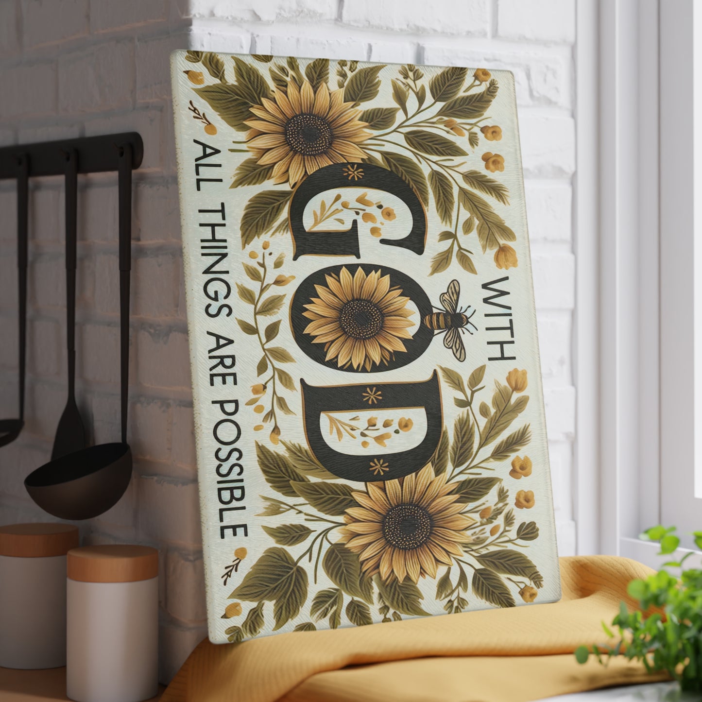 🌻🐝 With God All Things Are Possible Sunflower Cutting Board – Faithful Elegance for Your Kitchen 🐝🌻