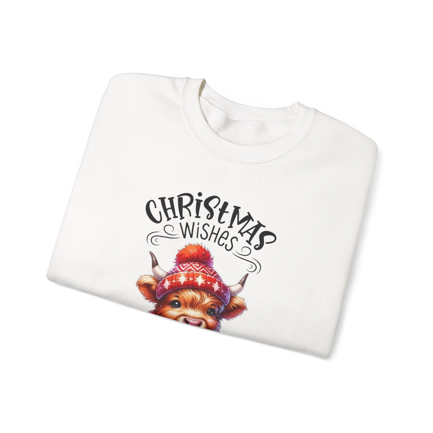 🎄☕🐮 Christmas Wishes and Cocoa Kisses Sweatshirt – Cozy Highland Cow Holiday Sweater ❄️❤️