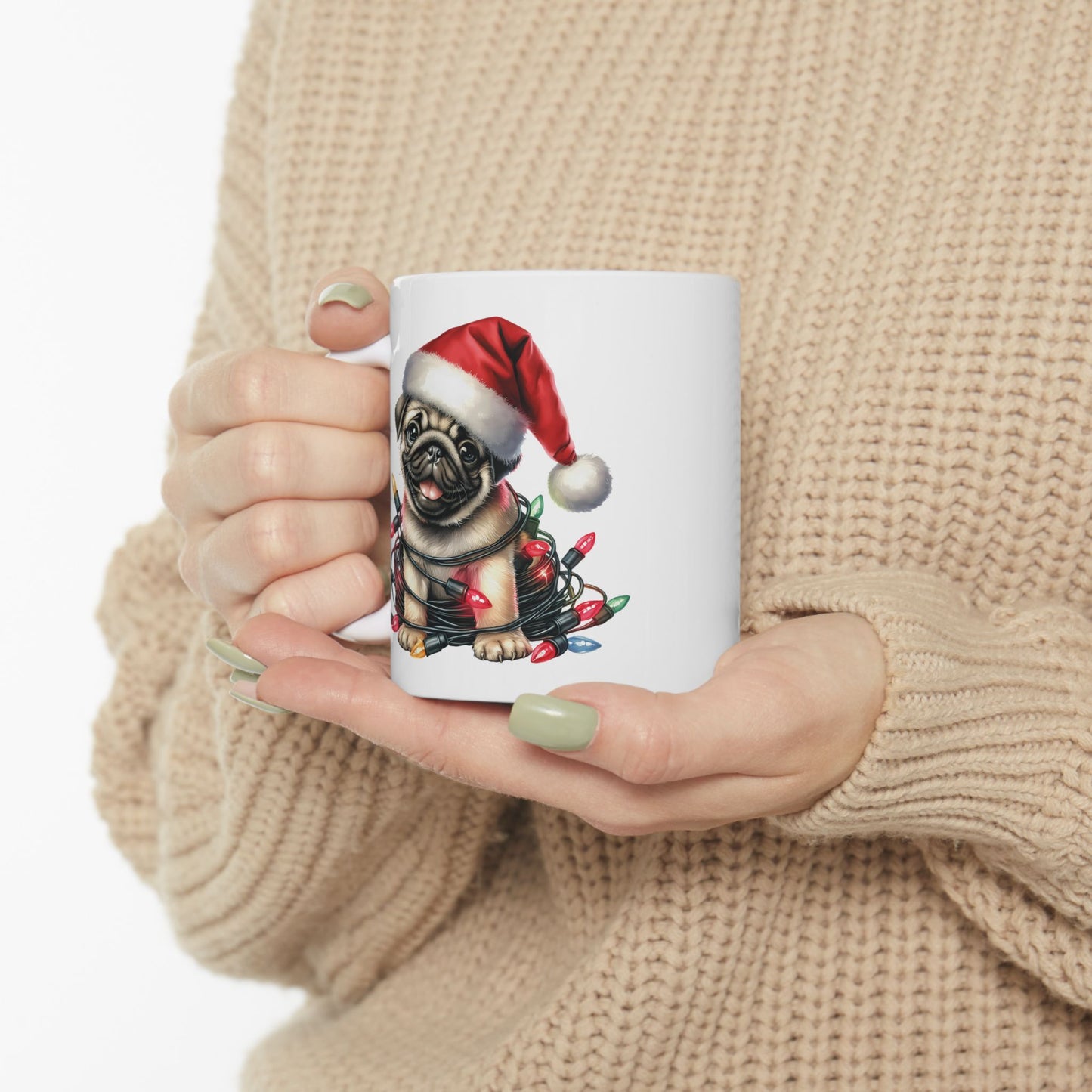 🎄 Pug Christmas Mug – Festive Santa Hat & Tangled Lights Delight 🎁