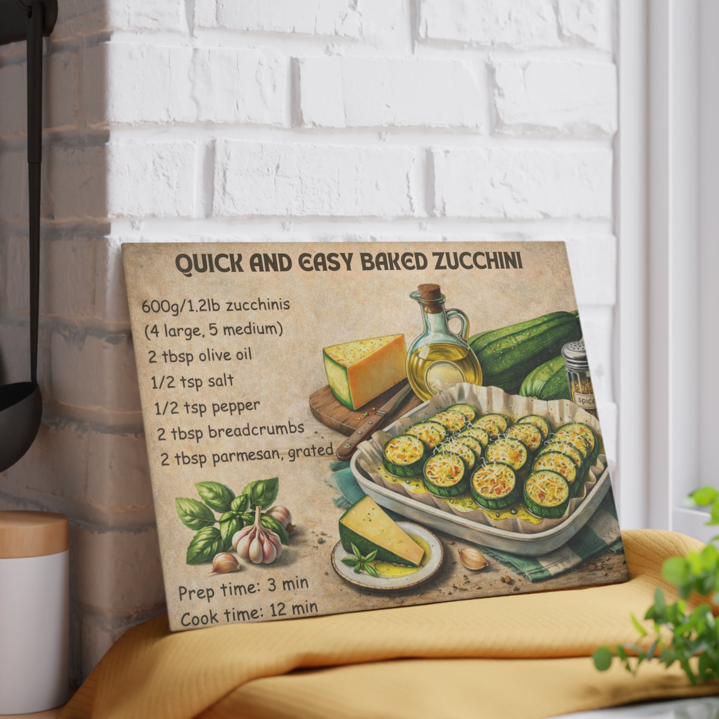 Quick and Easy Baked Zucchini Glass Cutting Board – Simple Oven Recipe Kitchen Art