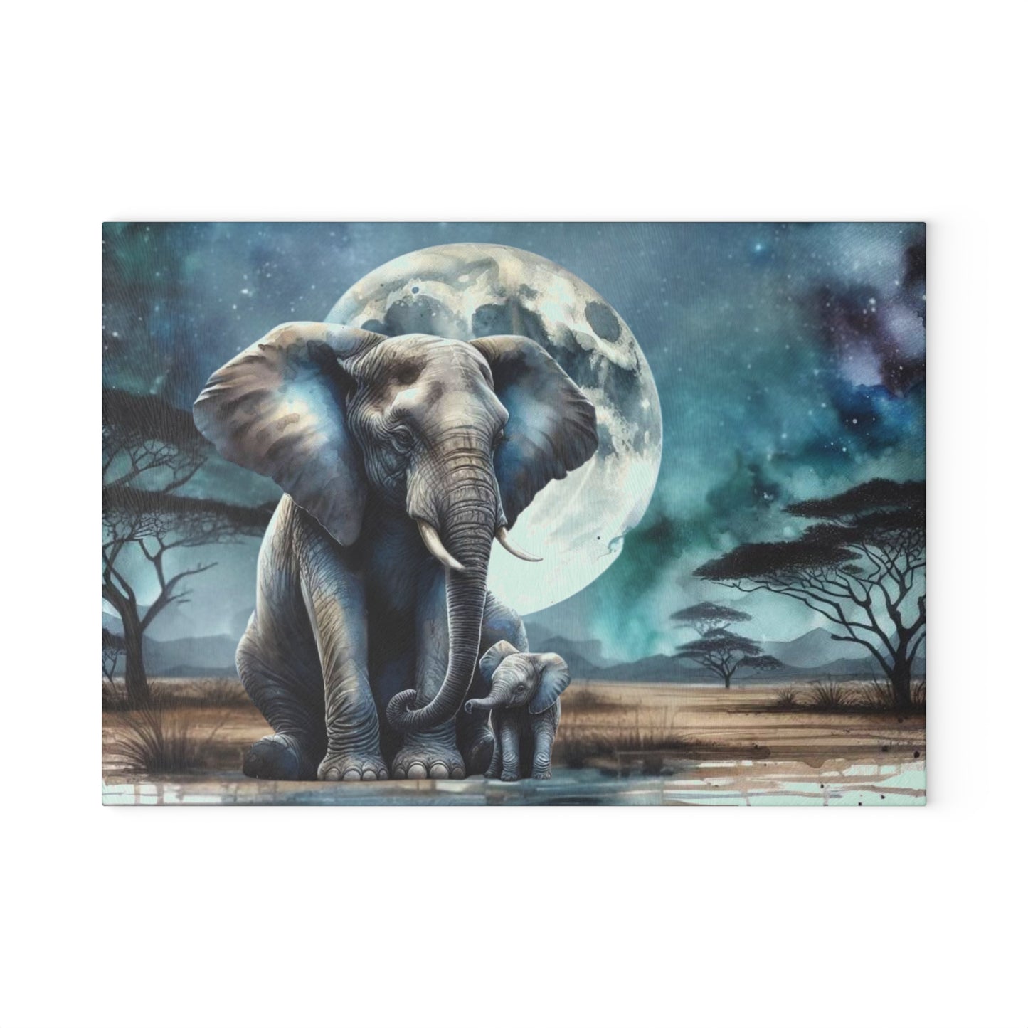 Tabla de cortar de vidrio con forma de mamá y bebé elefante, con una luna llena brillante detrás de ellos