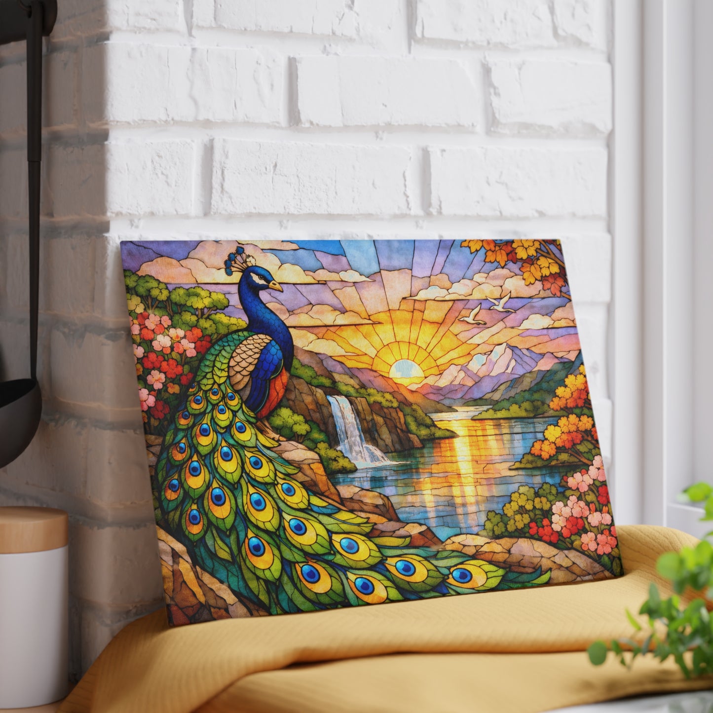 Stained Glass Style Peacock Landscape Glass Cutting Board – Colorful Nature Art Kitchen Decor