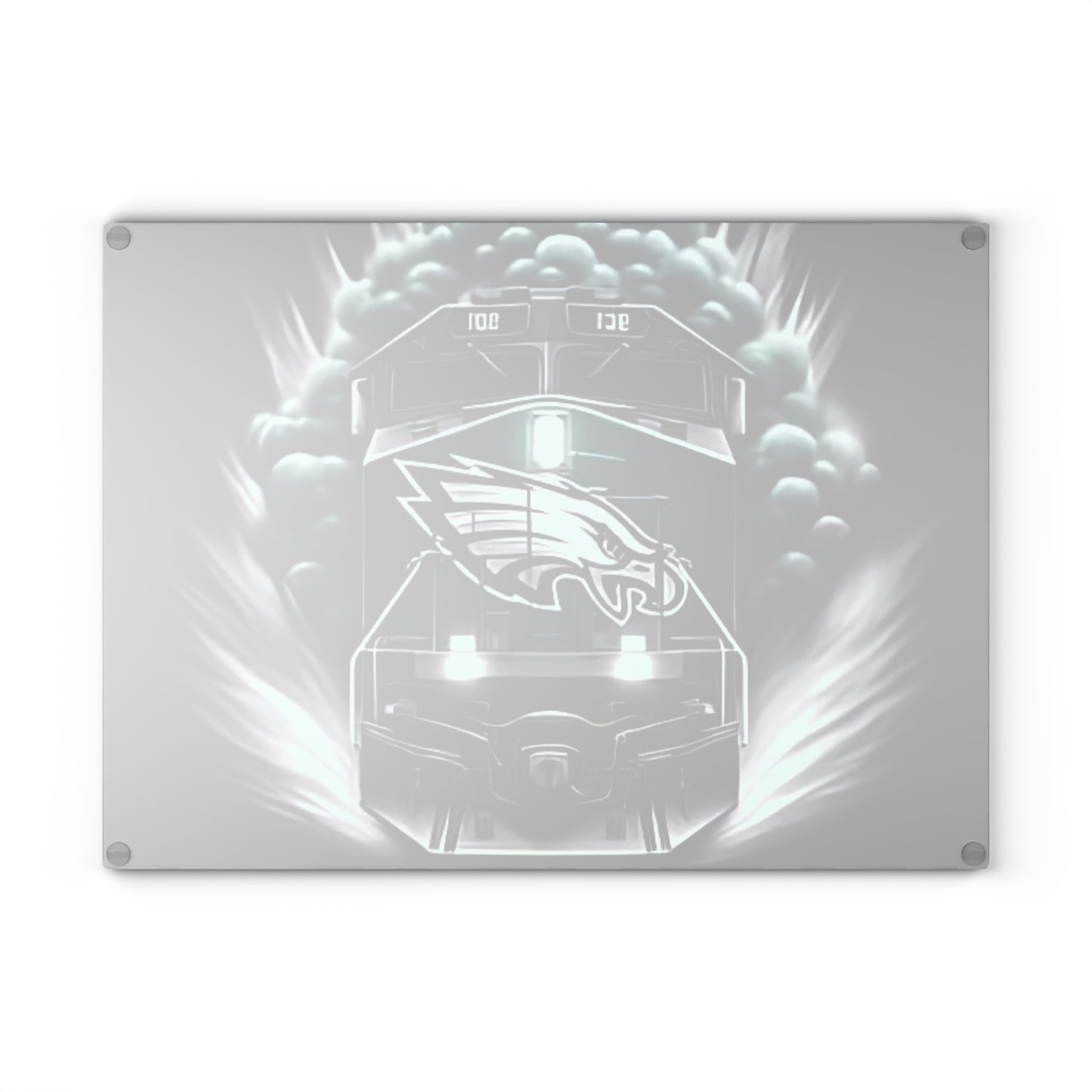 Dark Green & Silver Express Glass Cutting Board – Gritty Train Art for Bold & Timeless Kitchens