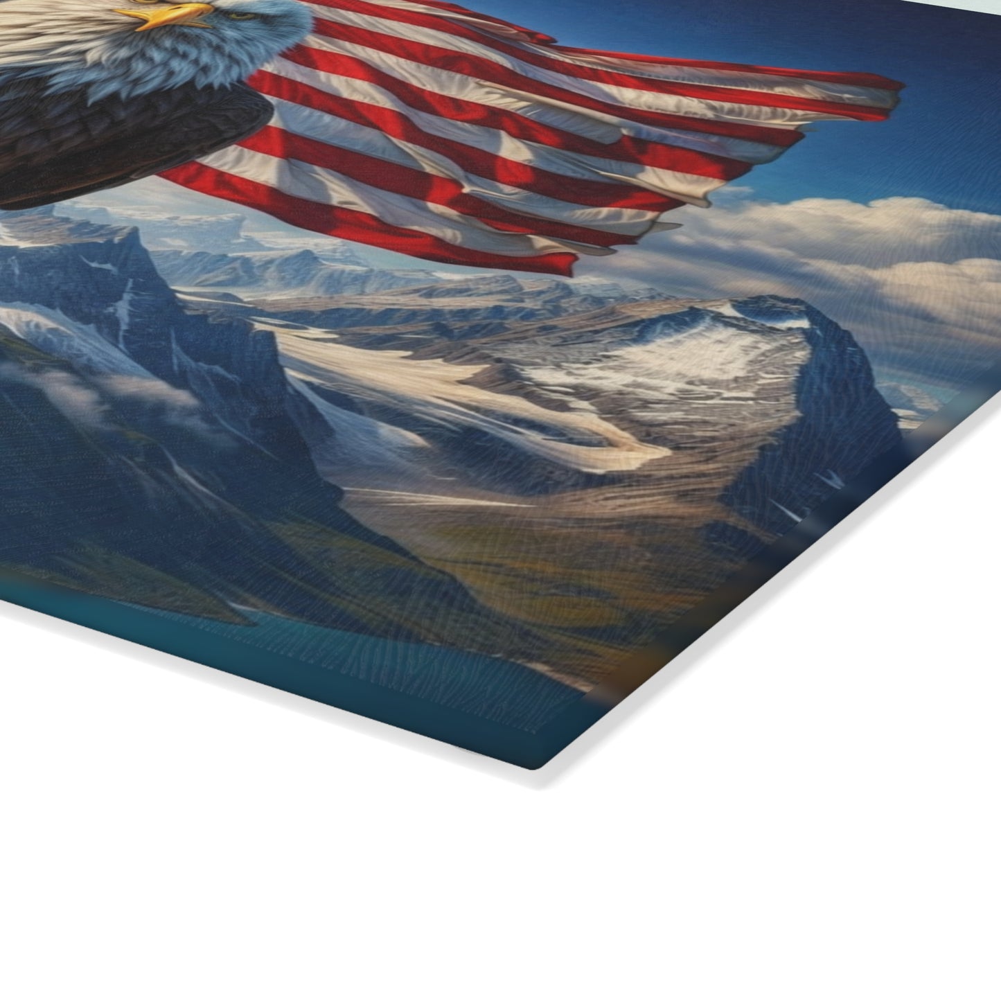 American Eagle Mountain Glass Cutting Board – Patriotic Bald Eagle Landscape Kitchen Art & Display Board