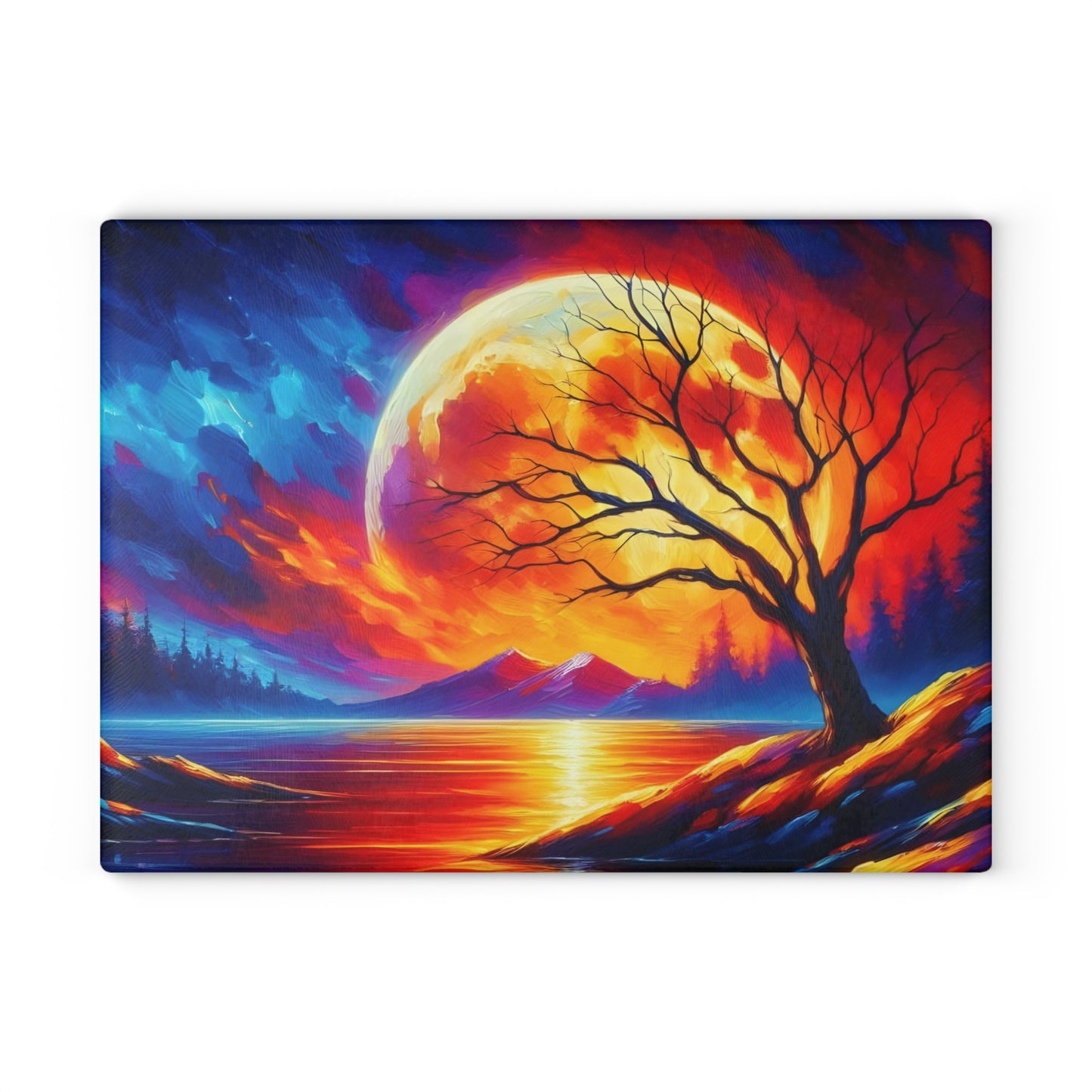 🌅🔥 Fiery Sunset Reflection Cutting Board – Vibrant Tree Silhouette Art 🔥🌅
