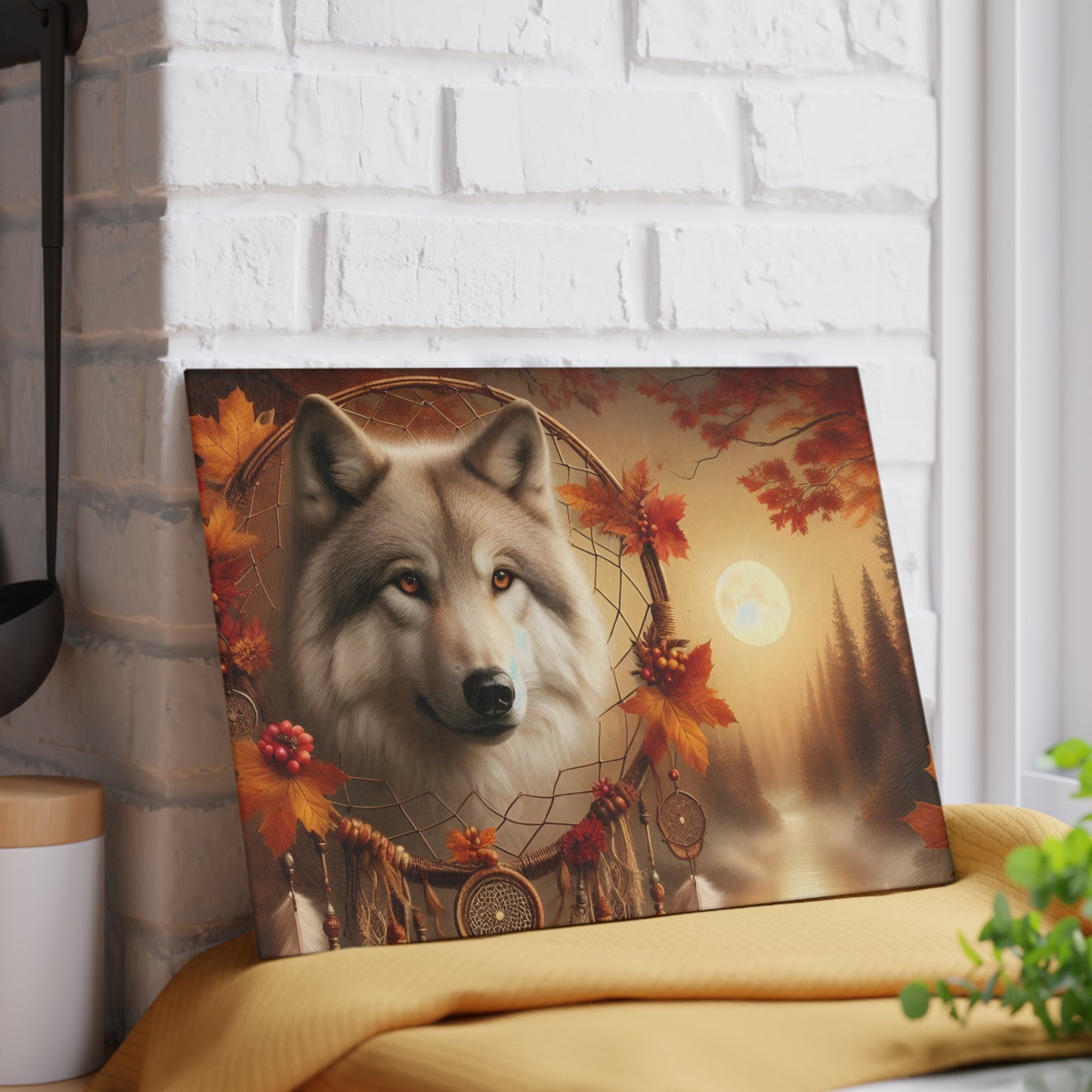 🐺 Autumn Wolf Dreamcatcher Cutting Board – Mystical Forest Elegance 🌕