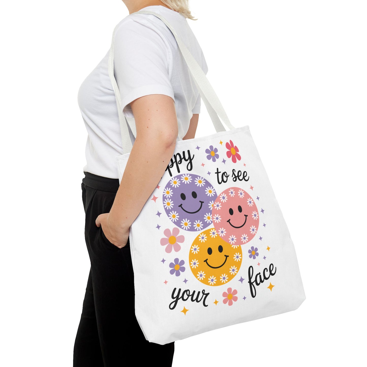 🌼 Happy Face Daisy Tote Bag – Retro Smiles with Floral Charm 🌸