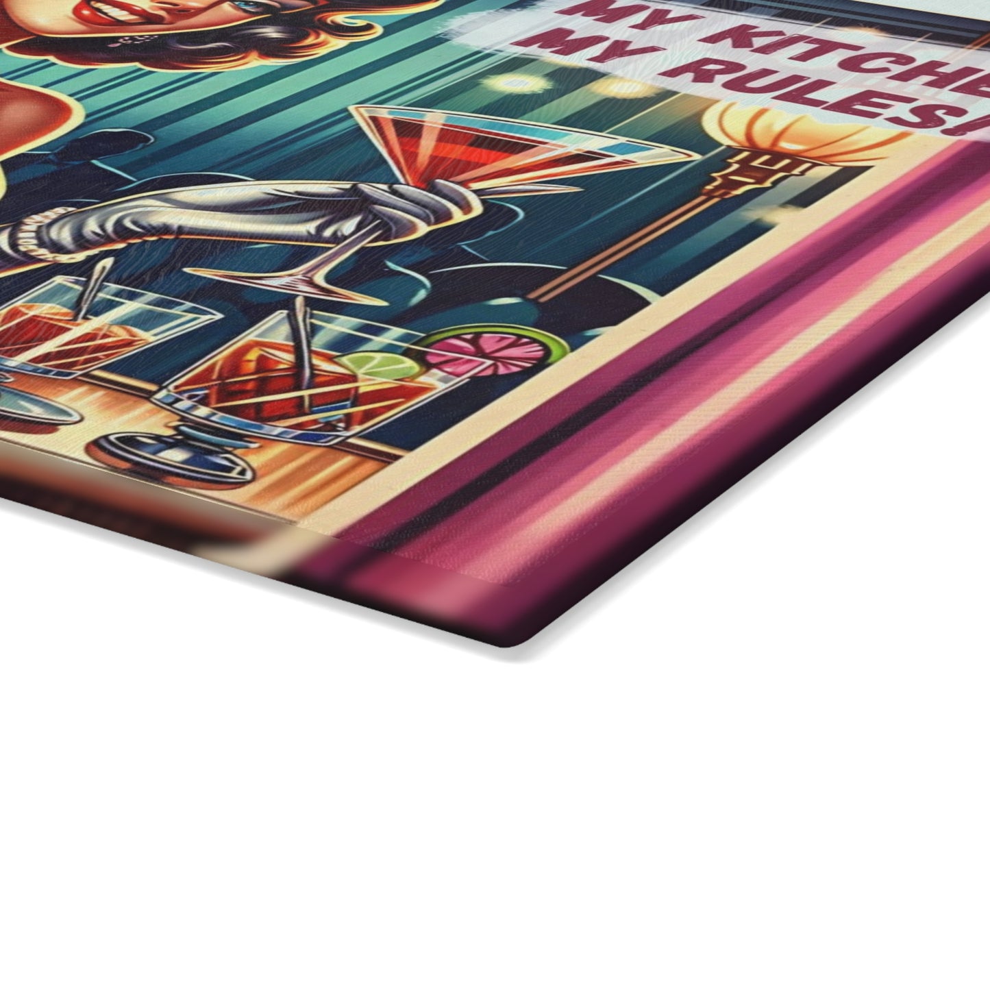 🍸💋 “My Kitchen, My Rules!” Retro Glam Glass Cutting Board – Sassy Vintage Bar Vibes