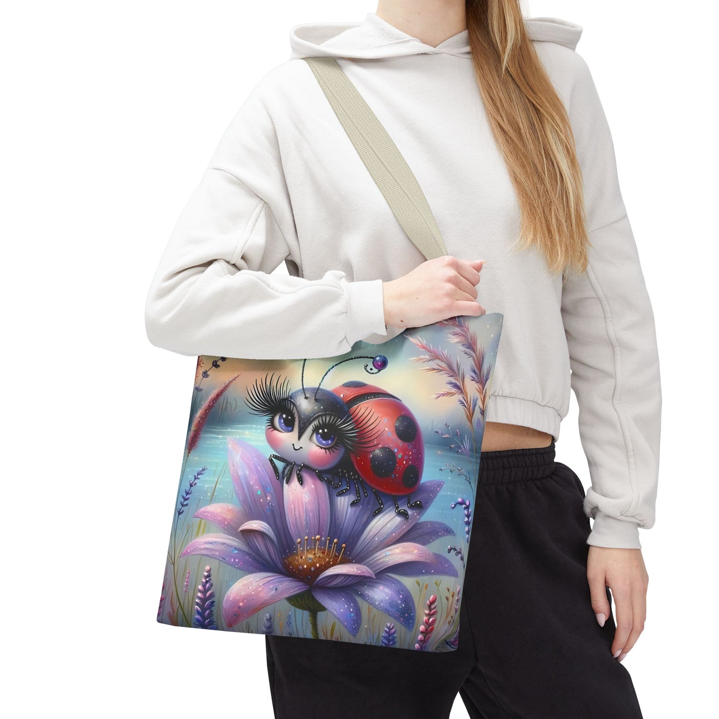 🐞 Mariquita sobre una flor junto al lago – Bolsa de tela inspirada en la naturaleza