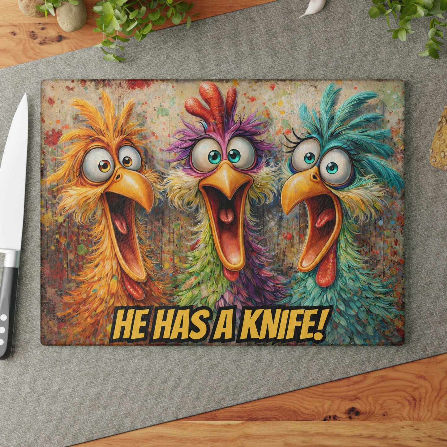 Kitchen Chaos Served Daily Glass Cutting Board – Funny Chicken Kitchen Art