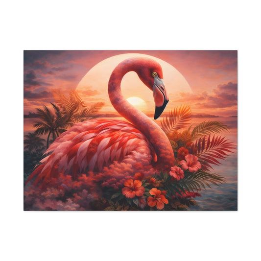Flamingo Sunset Canvas Wall Art - Tropical Beach Sunset Print