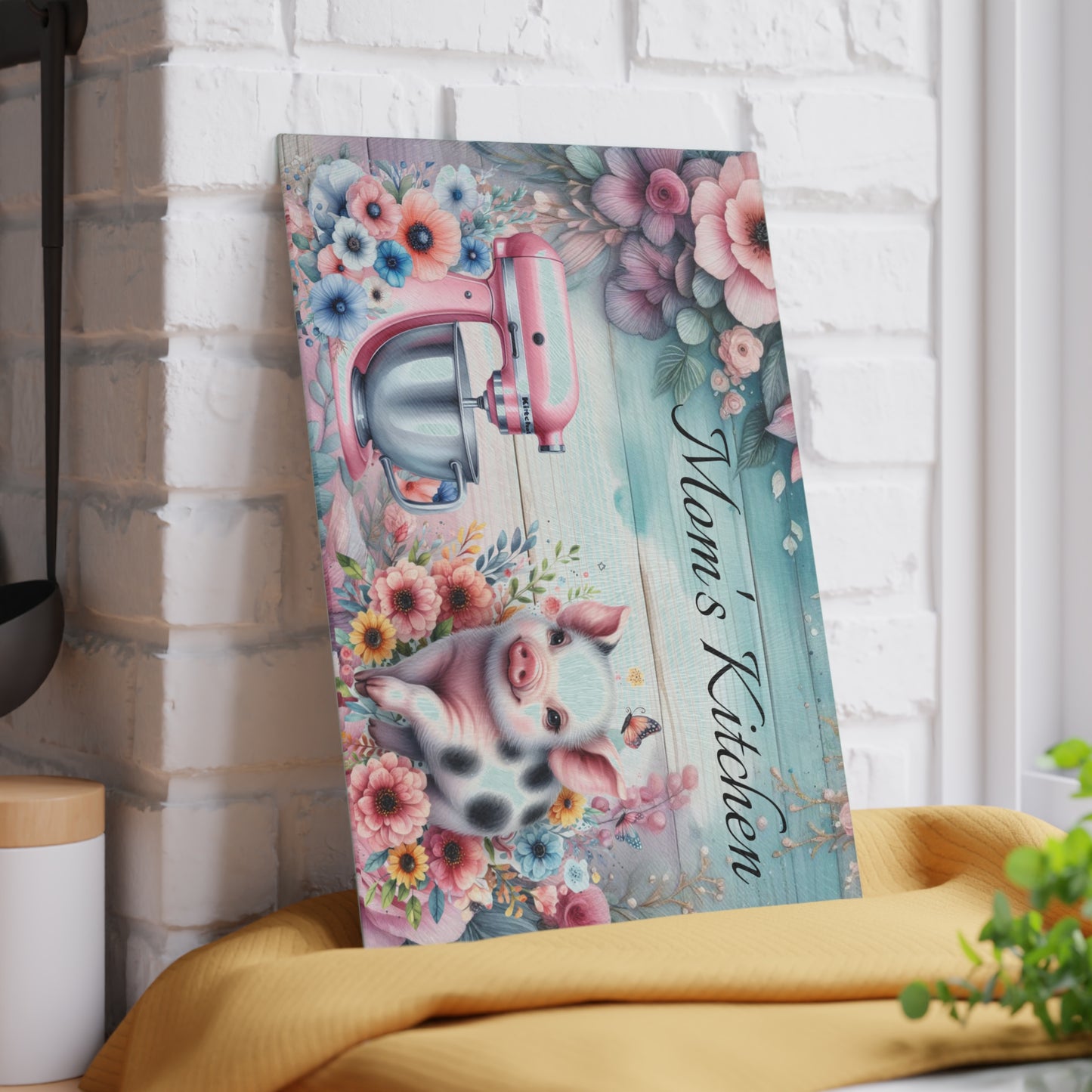 Tabla de cortar de cerdo, tabla de cortar personalizada, decoración con nombre personalizado, cocina de mamá, decoración de granja, tabla de cortar de vidrio, regalo para amantes de los cerdos,