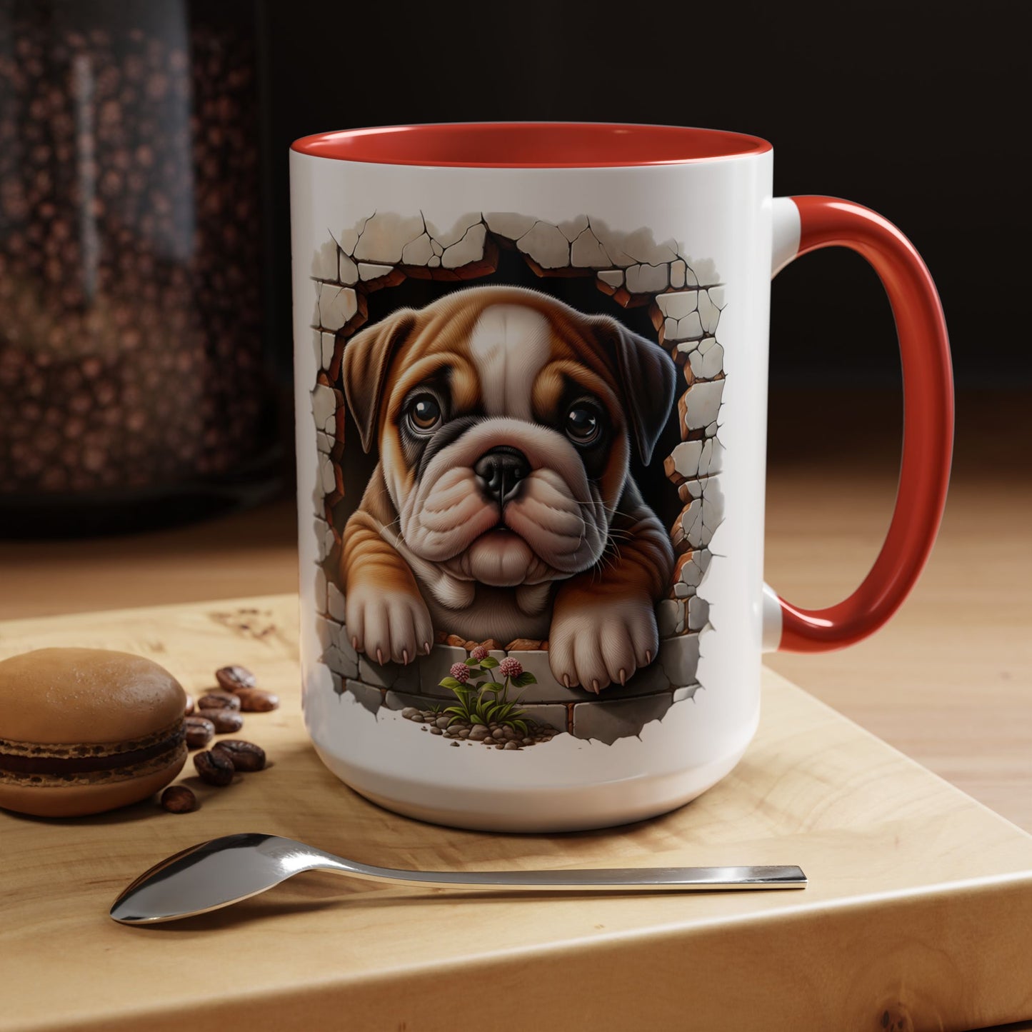 🎀🐶 English Bulldog Puppy Accent Mug – Cute Peek-Through Dog Design for Animal Lovers ☕💖