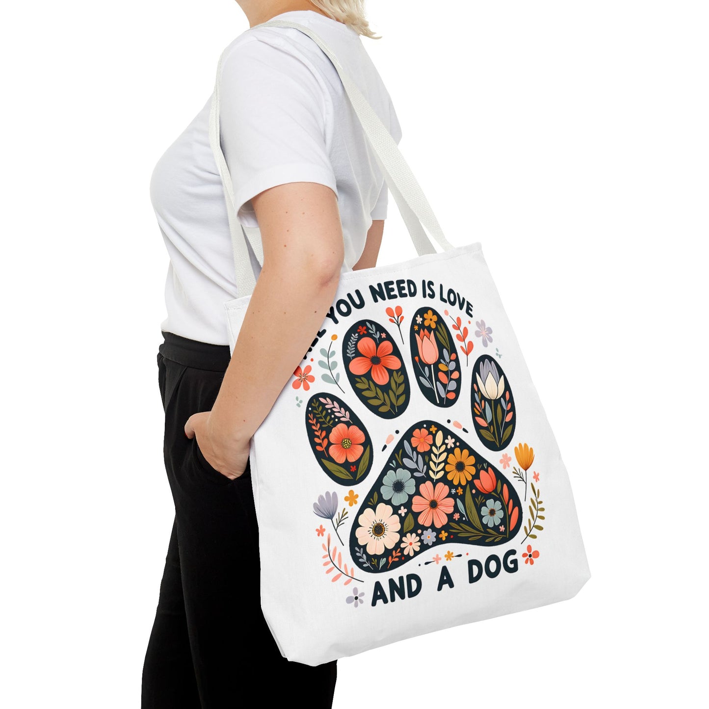 🐾 All You Need is Love and a Dog Tote Bag – Floral Paw Print Perfection 🌸