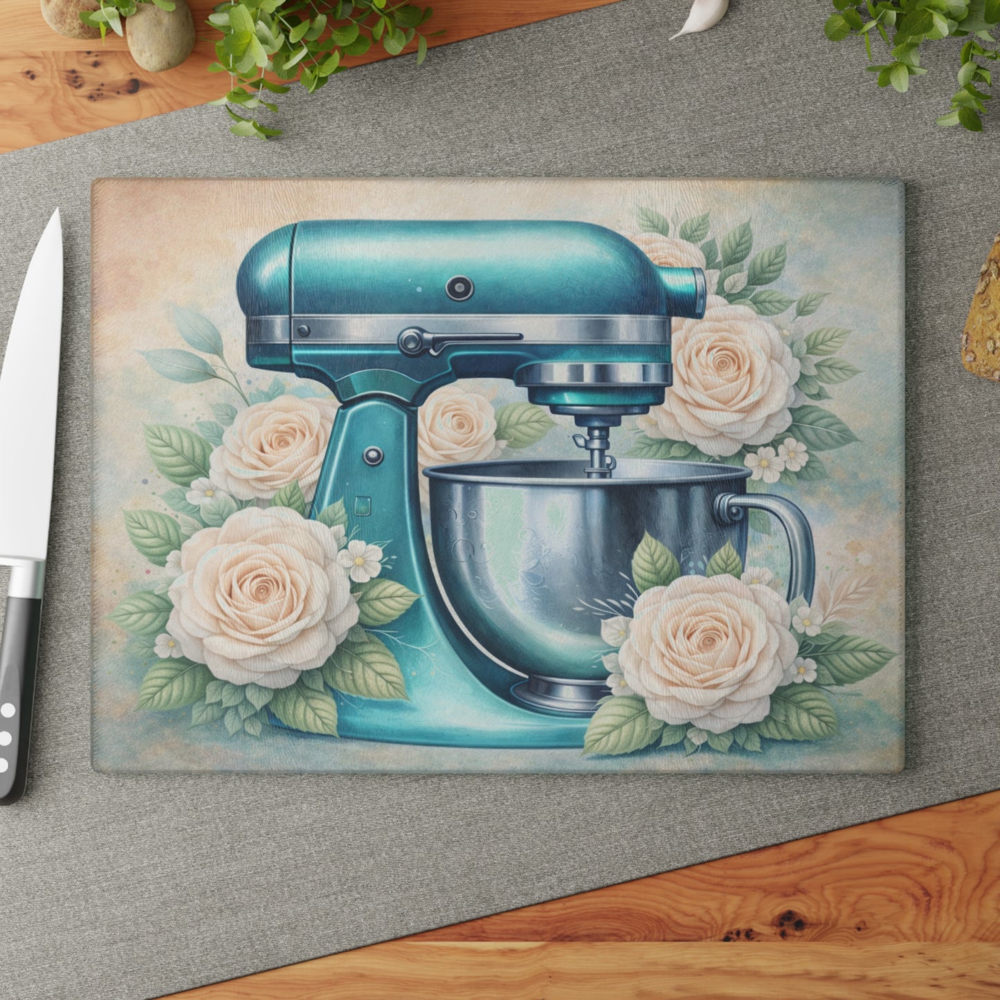 Teal Kitchen Mixer Glass Cutting Board – Elegant Farmhouse Kitchen Decor