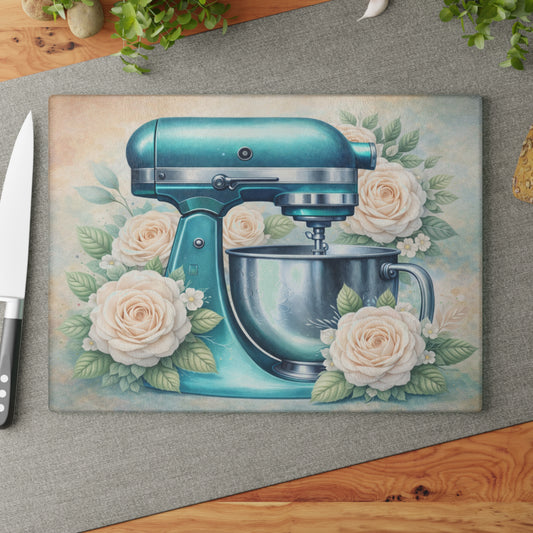 Teal Kitchen Mixer Glass Cutting Board – Elegant Farmhouse Kitchen Decor