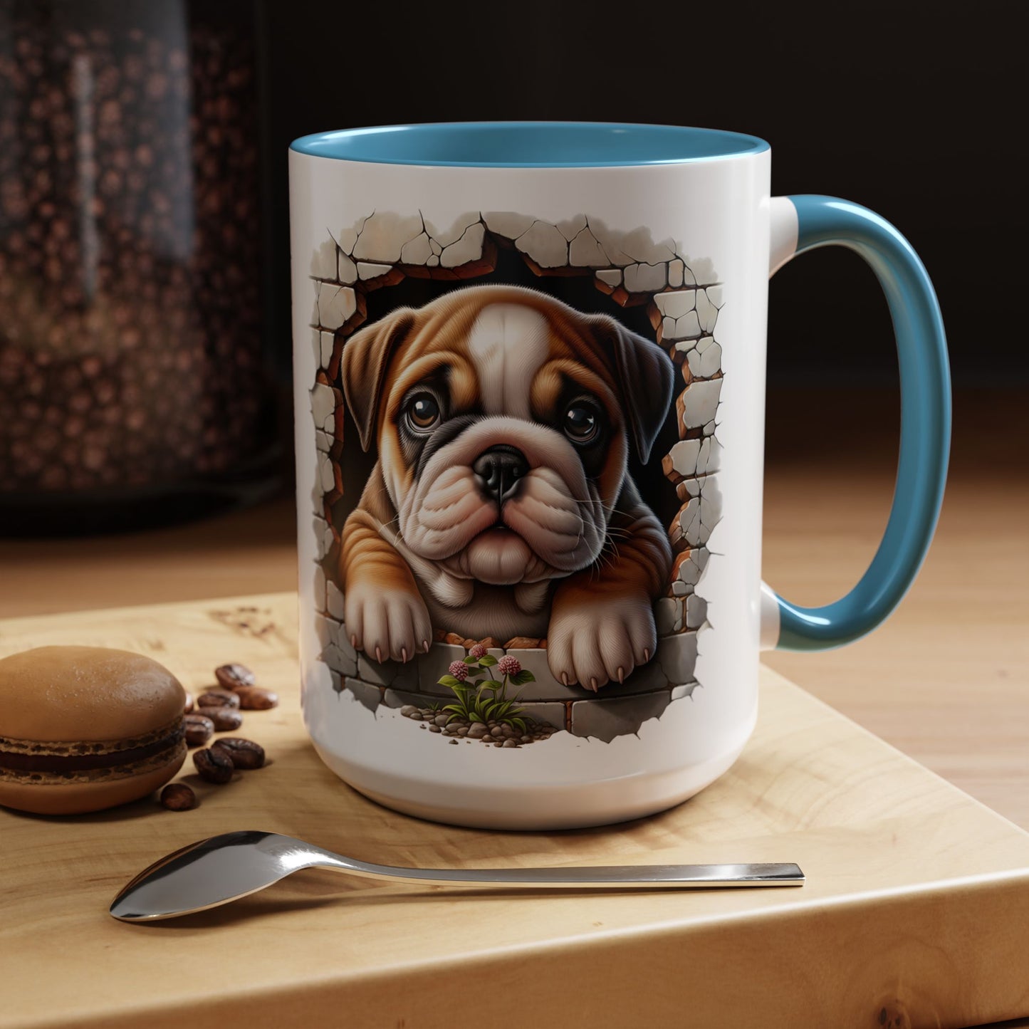🎀🐶 English Bulldog Puppy Accent Mug – Cute Peek-Through Dog Design for Animal Lovers ☕💖