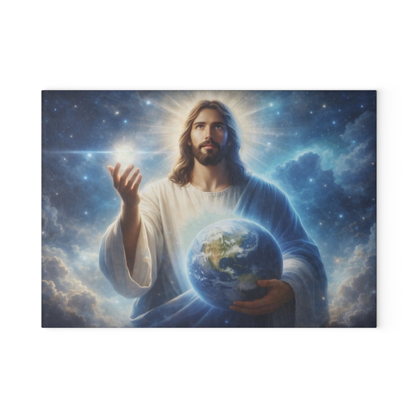 King of Creation Glass Cutting Board – Faith-Inspired Artwork Holding the World