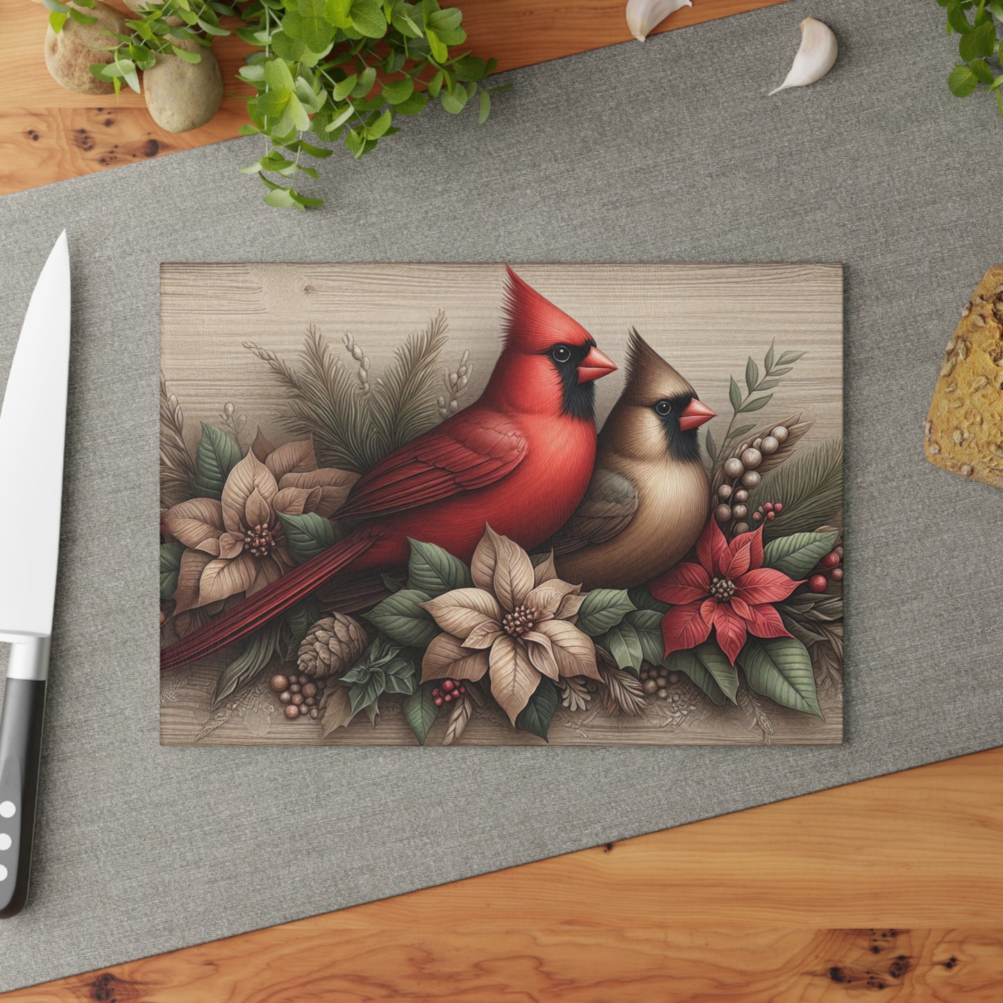❤️🕊️ Rustic Cardinal Pair Cutting Board – Timeless Winter Elegance for Your Kitchen 🌲