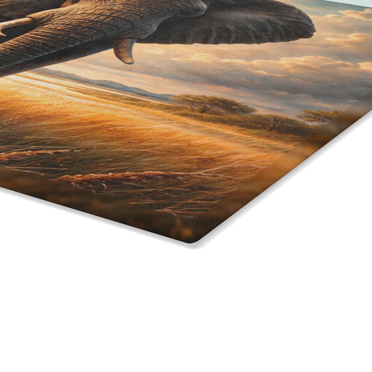 Majestic Elephant Sunset Savanna Glass Cutting Board – Bold Wildlife Landscape Kitchen Art