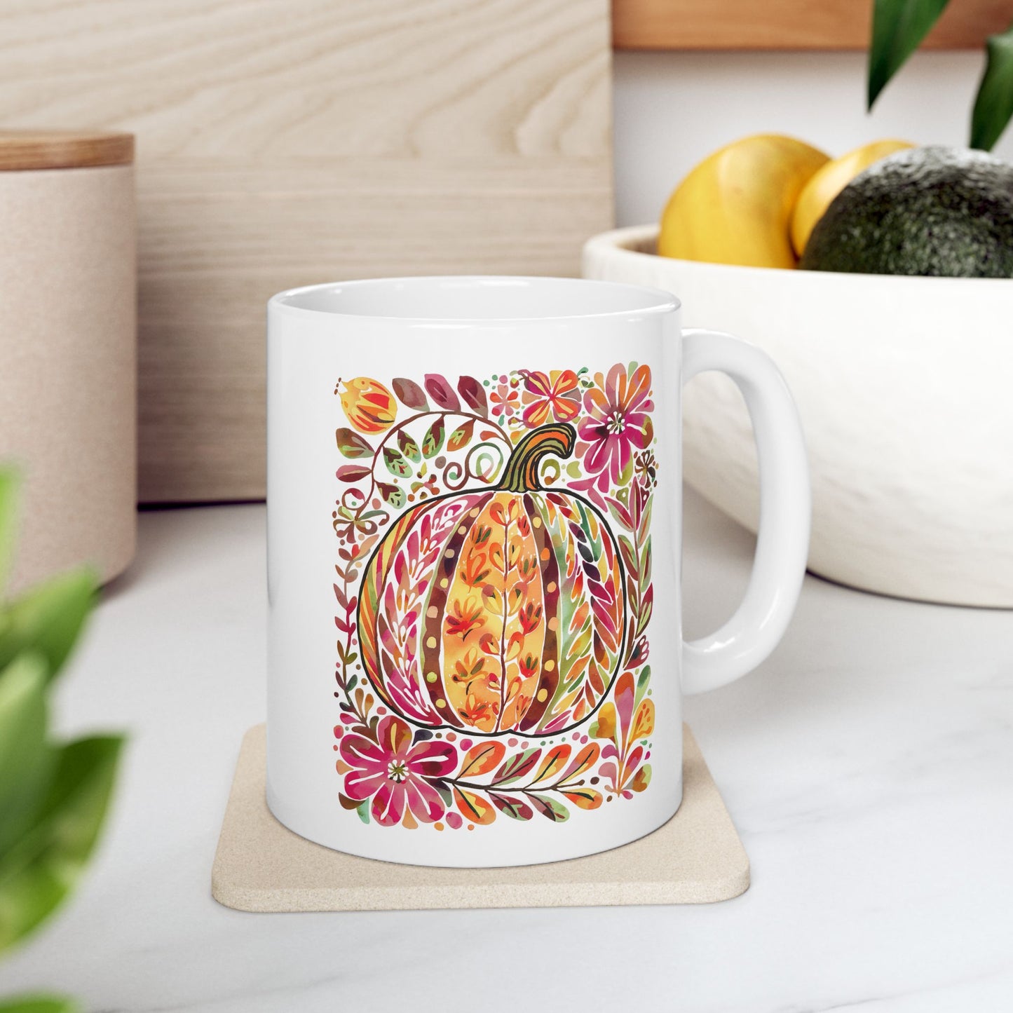 🎃🌸 Floral Pumpkin Mug – Autumn Harvest Coffee Cup 🍂☕