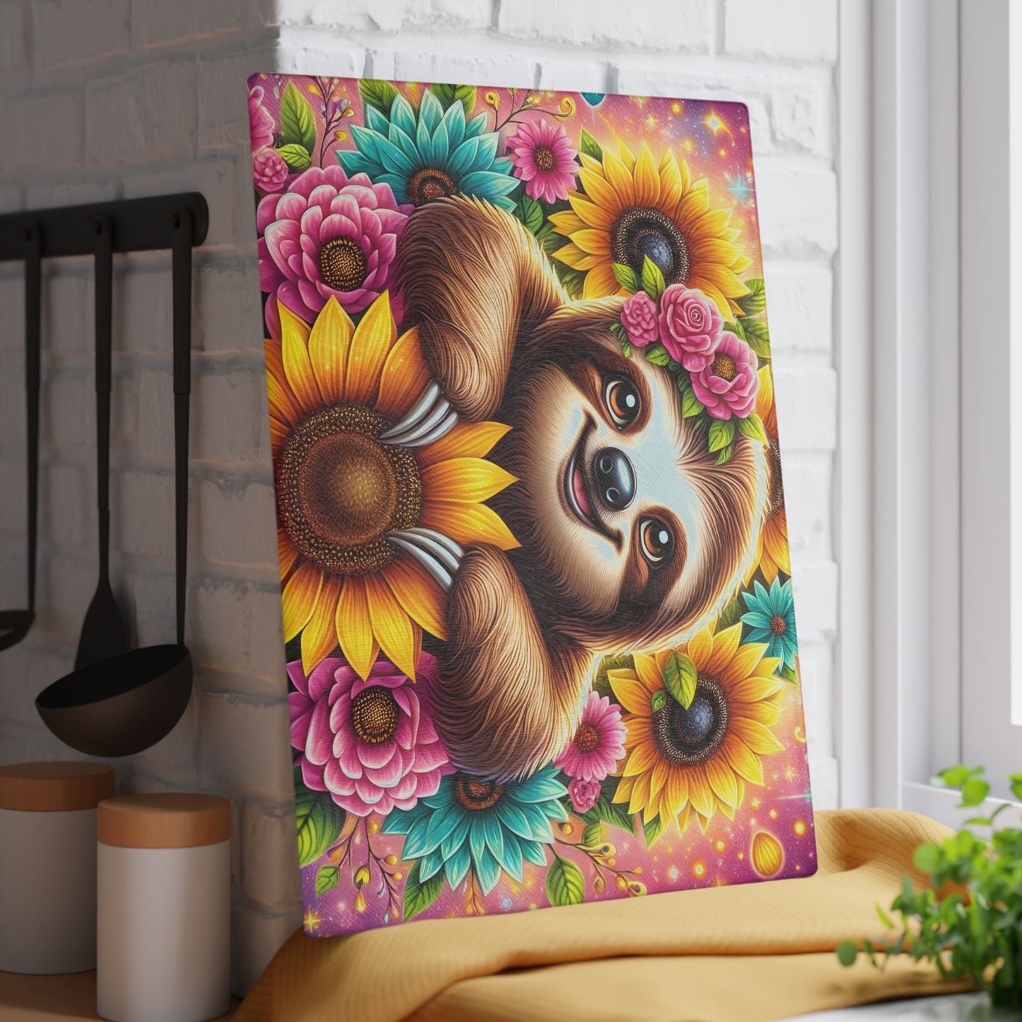 🦥 Sunflower Sloth Cutting Board – Whimsical Blooms for Your Kitchen 🌻